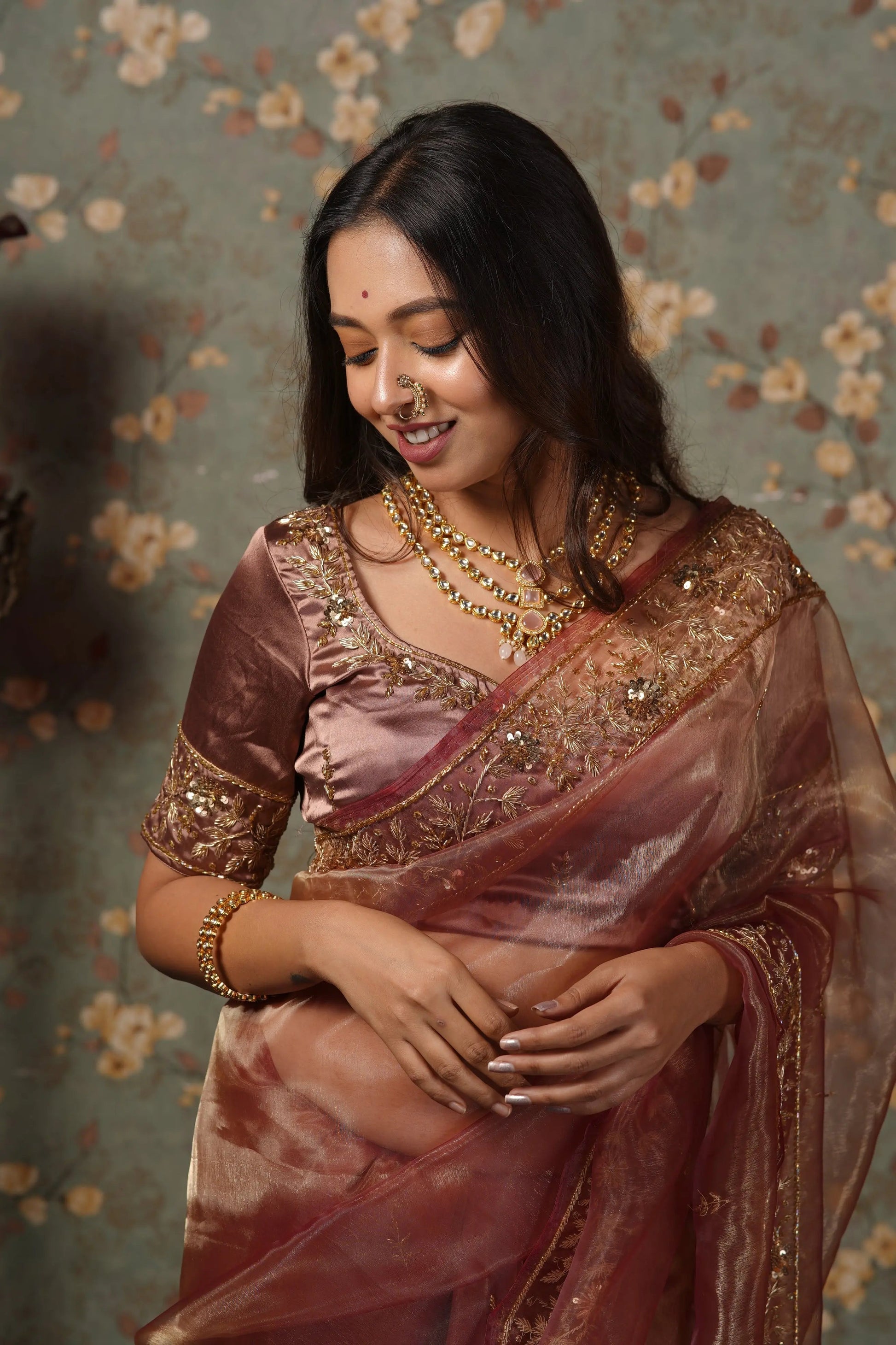 Rose Beige Glass Tissue Anaya Saree kreationbykj