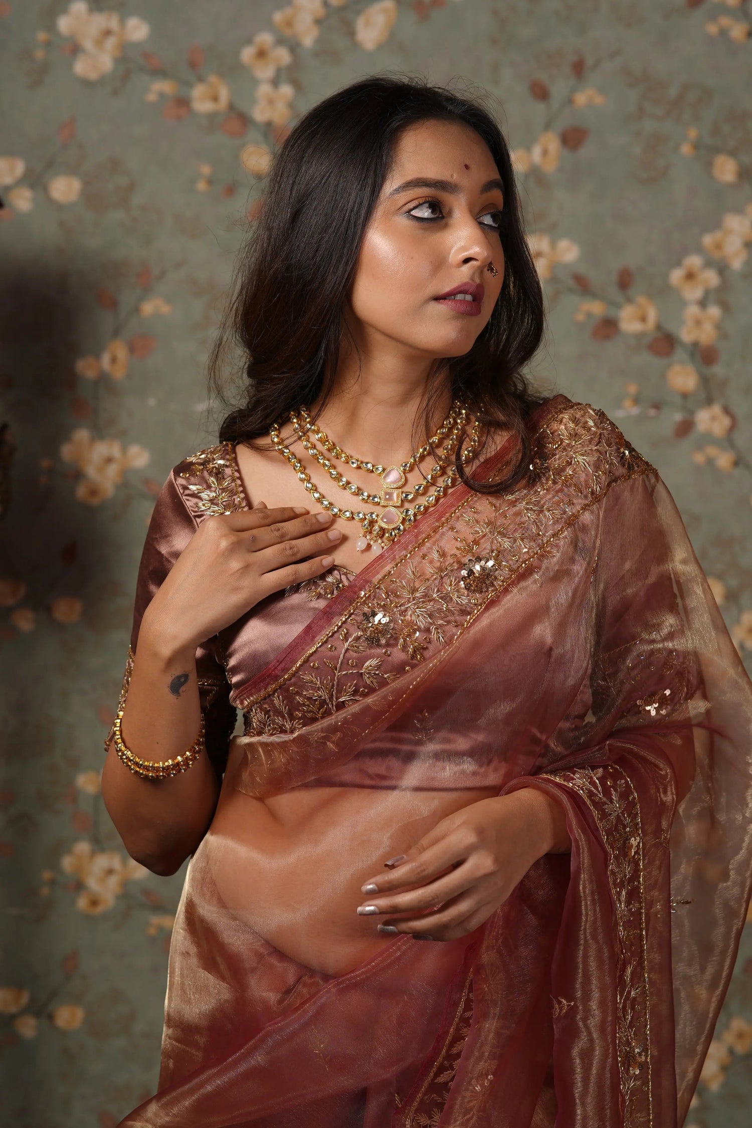 Rose Beige Glass Tissue Anaya Saree kreationbykj