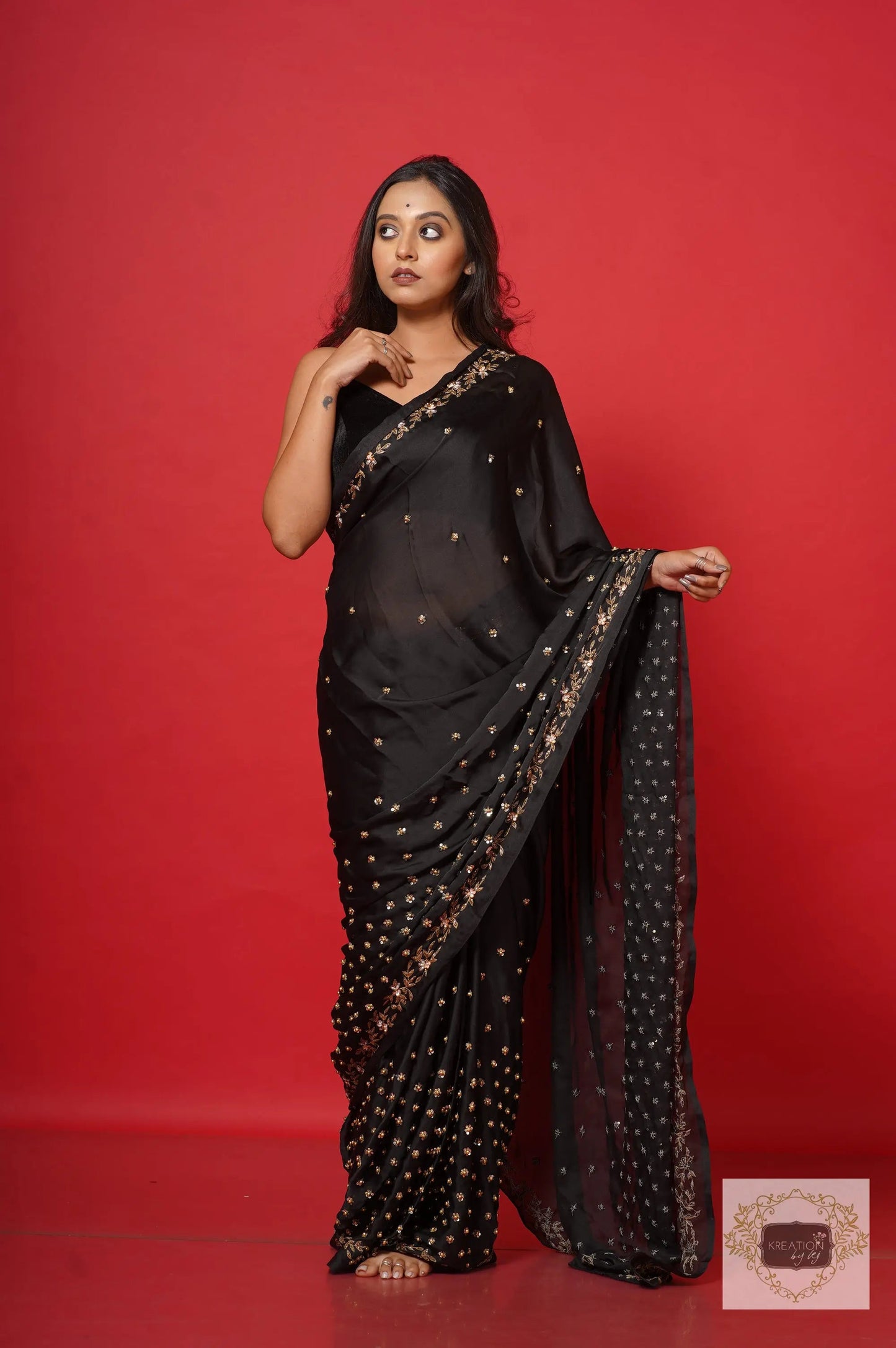 Black Crepe Silk Badan Pe Sitare Cocktail  Saree kreationbykj