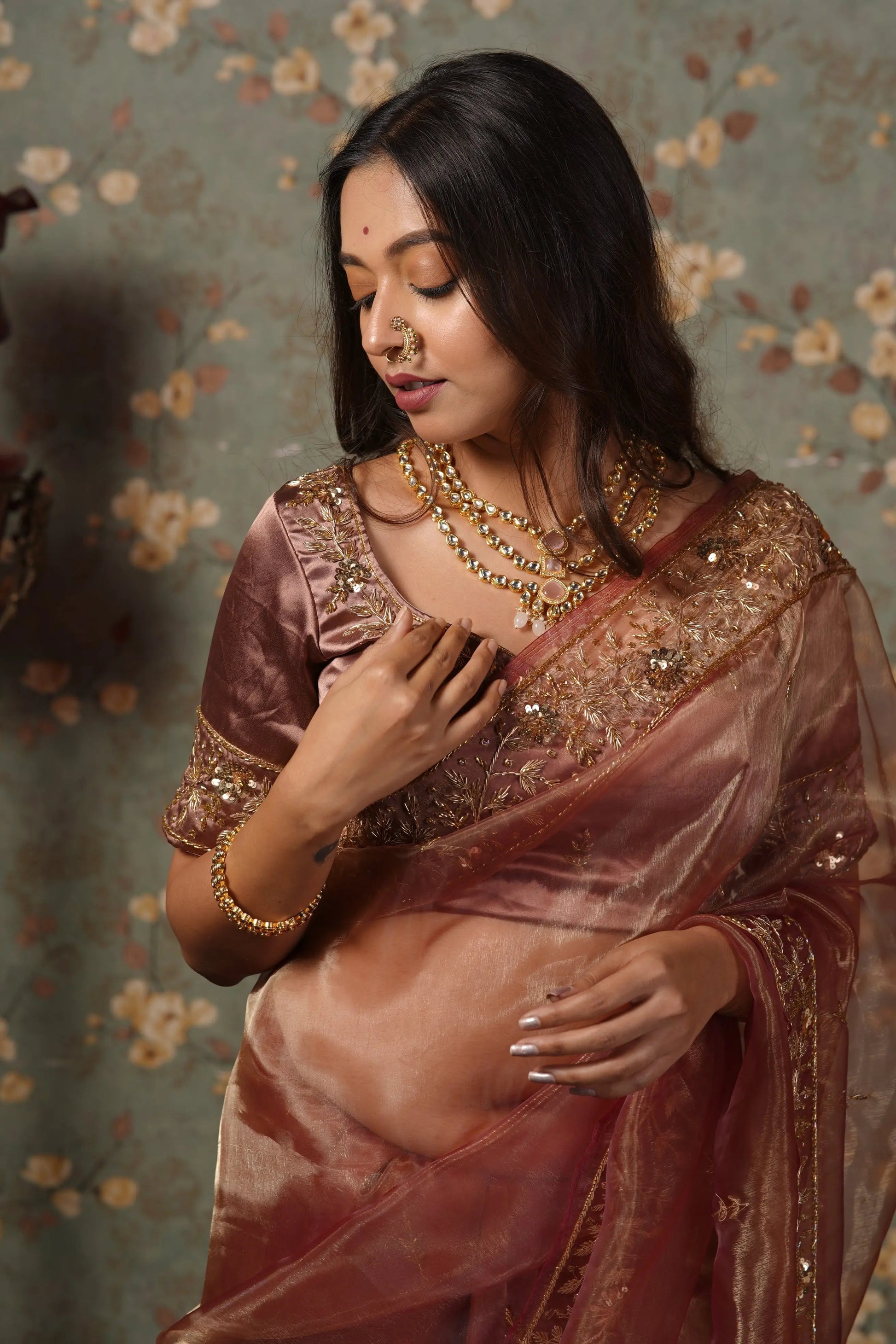 Rose Beige Glass Tissue Anaya Saree kreationbykj