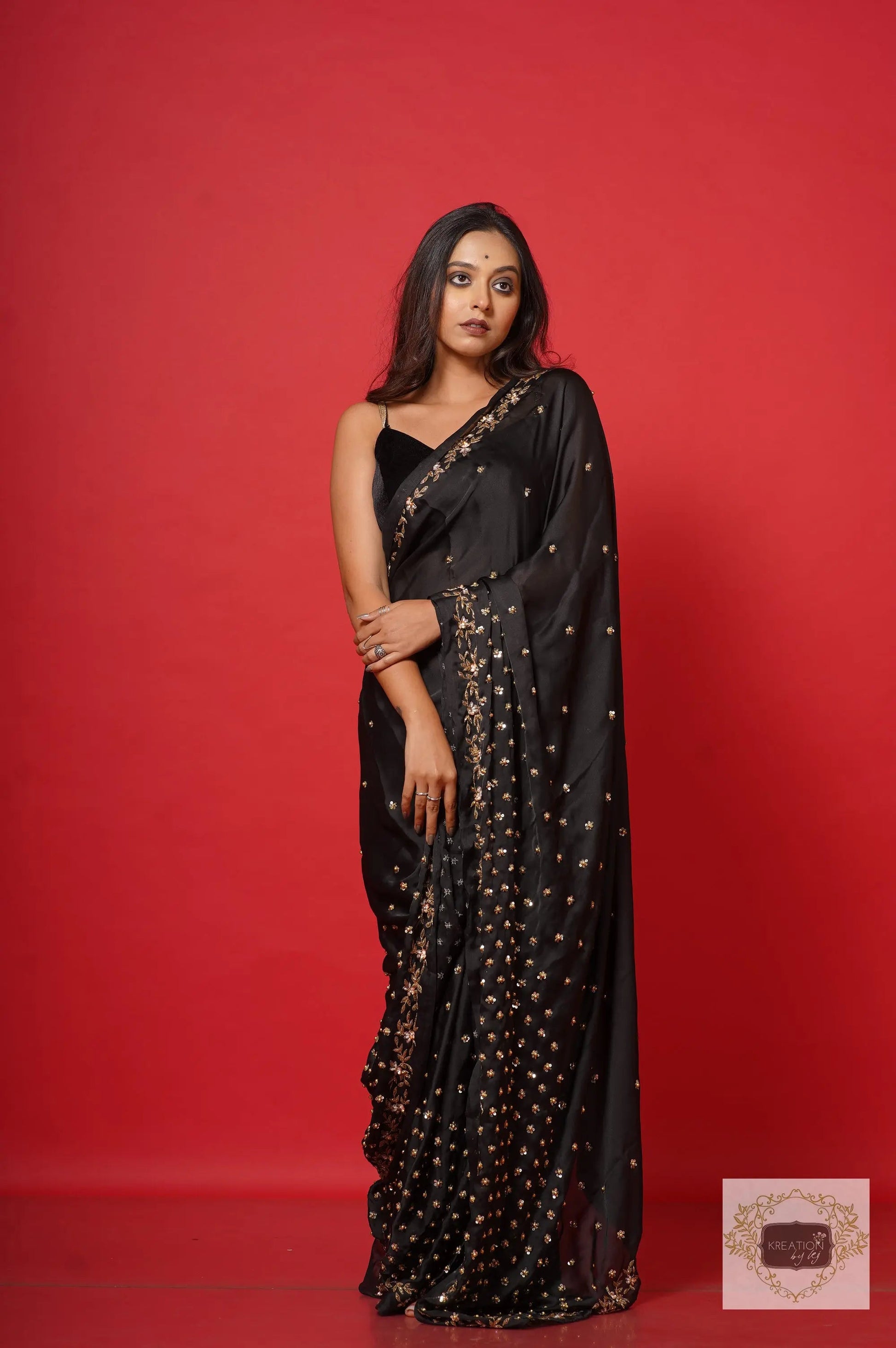Black Crepe Silk Badan Pe Sitare Cocktail  Saree kreationbykj