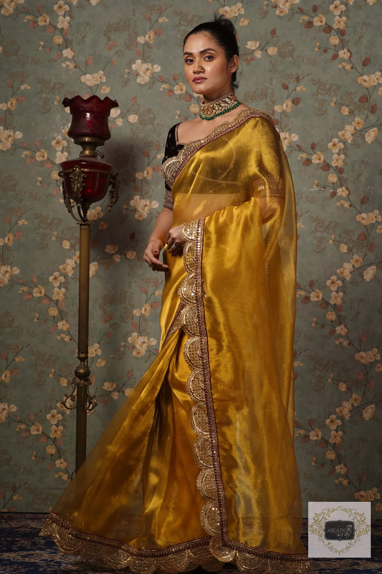Yellow Gold Zari Tissue Mehraab Border Saree kreationbykj