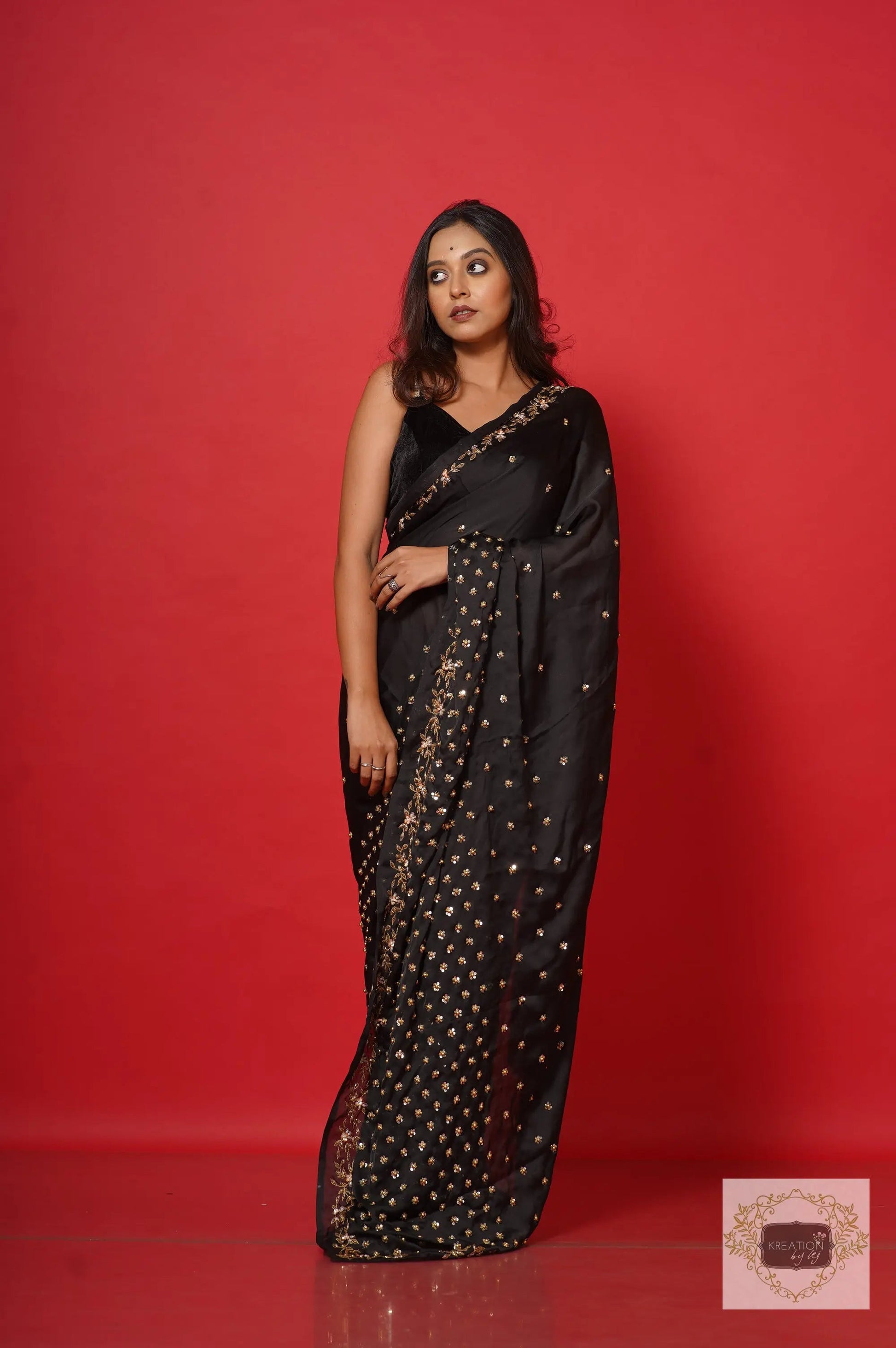 Black Crepe Silk Badan Pe Sitare Cocktail  Saree kreationbykj