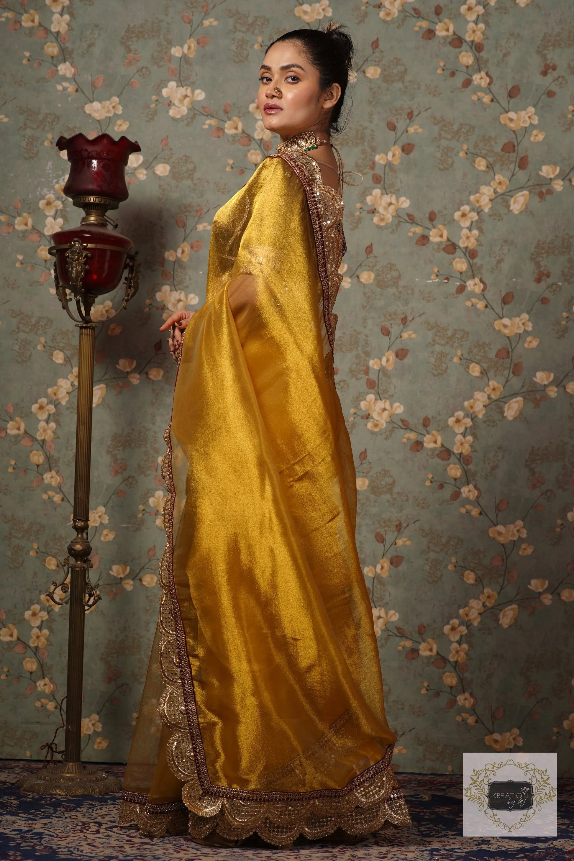 Yellow Gold Zari Tissue Mehraab Border Saree kreationbykj