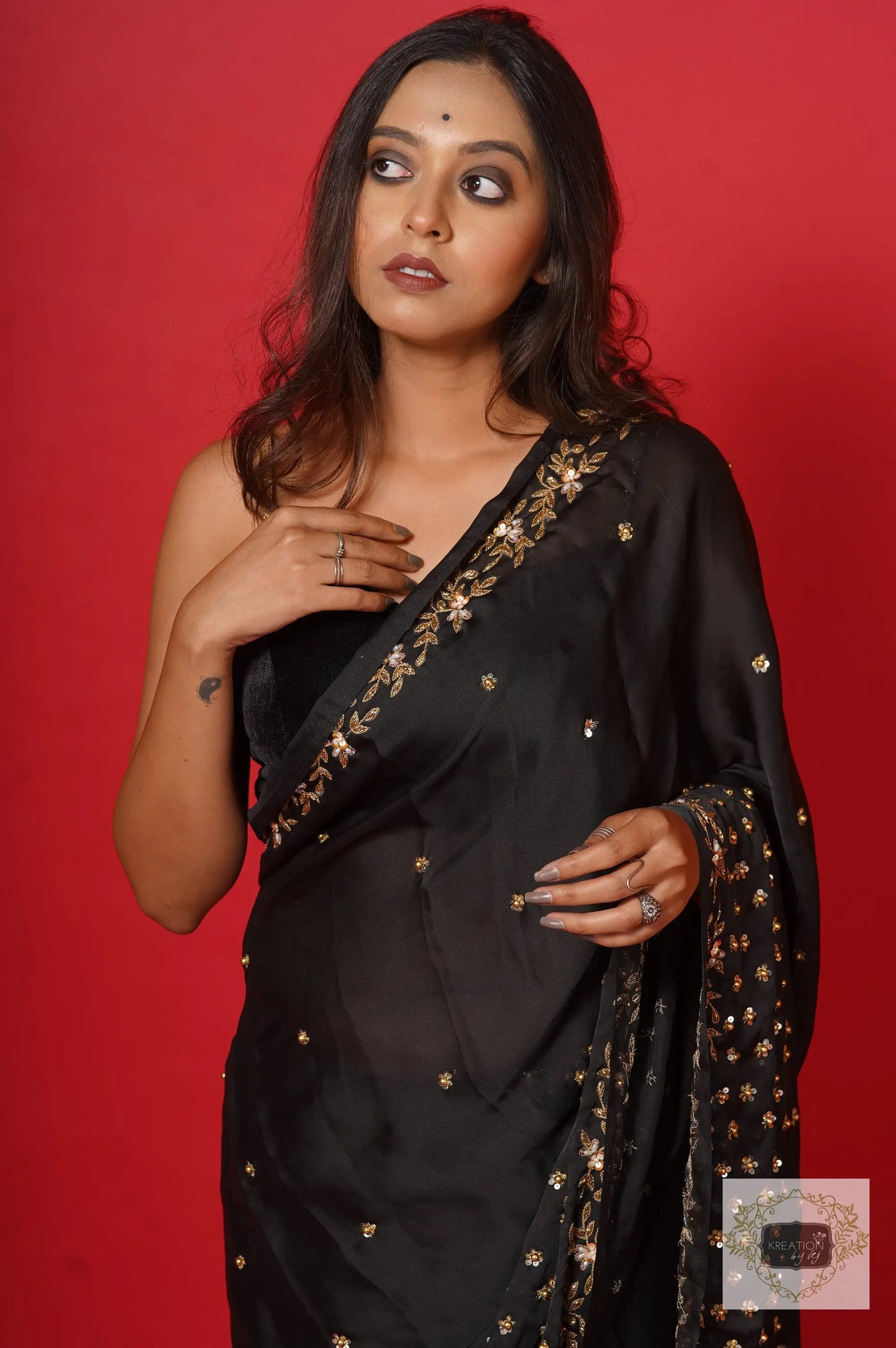 Black Crepe Silk Badan Pe Sitare Cocktail  Saree kreationbykj