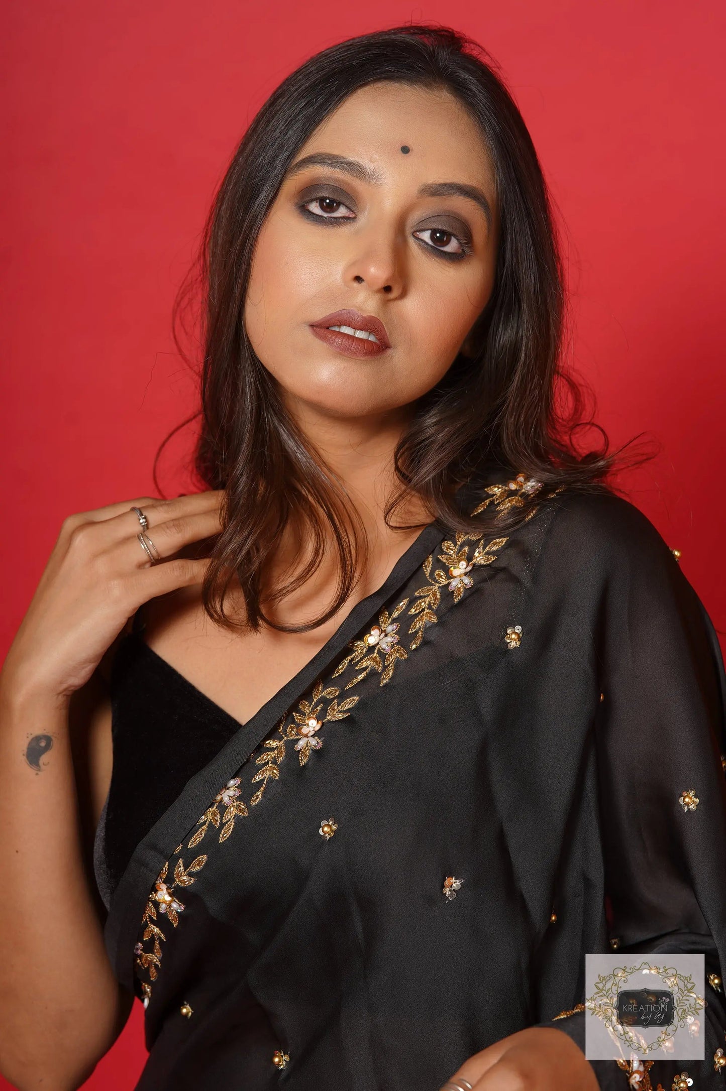 Black Crepe Silk Badan Pe Sitare Cocktail  Saree kreationbykj