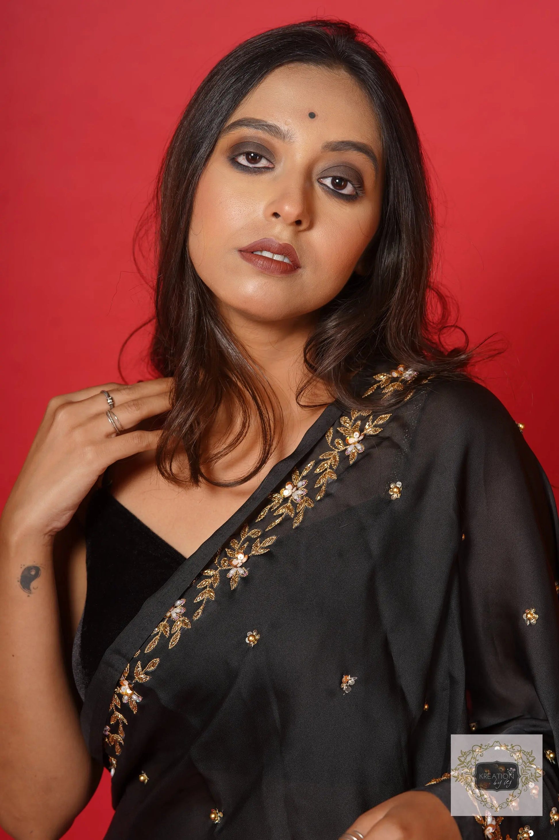 Black Crepe Silk Badan Pe Sitare Cocktail  Saree kreationbykj