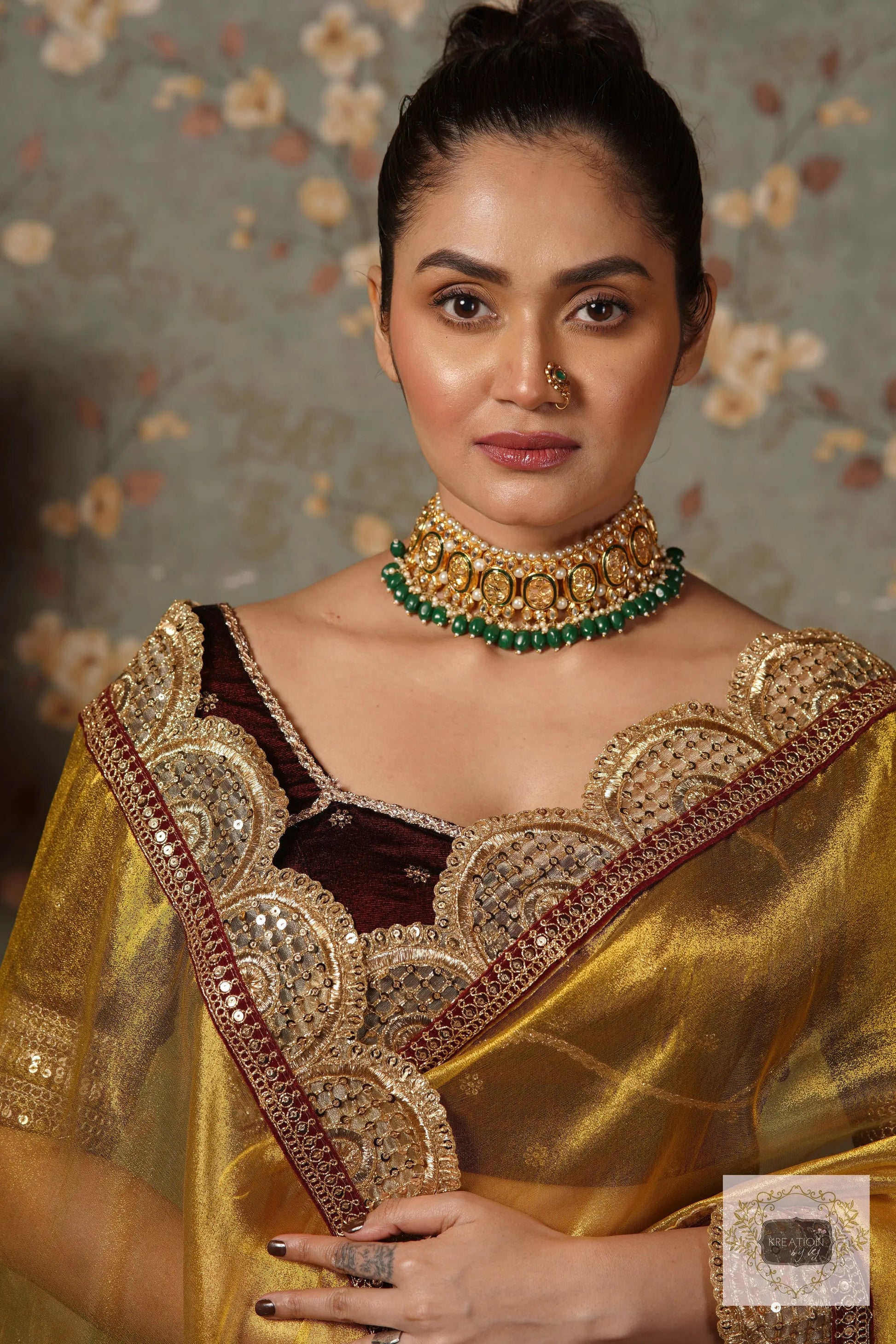 Yellow Gold Zari Tissue Mehraab Border Saree kreationbykj