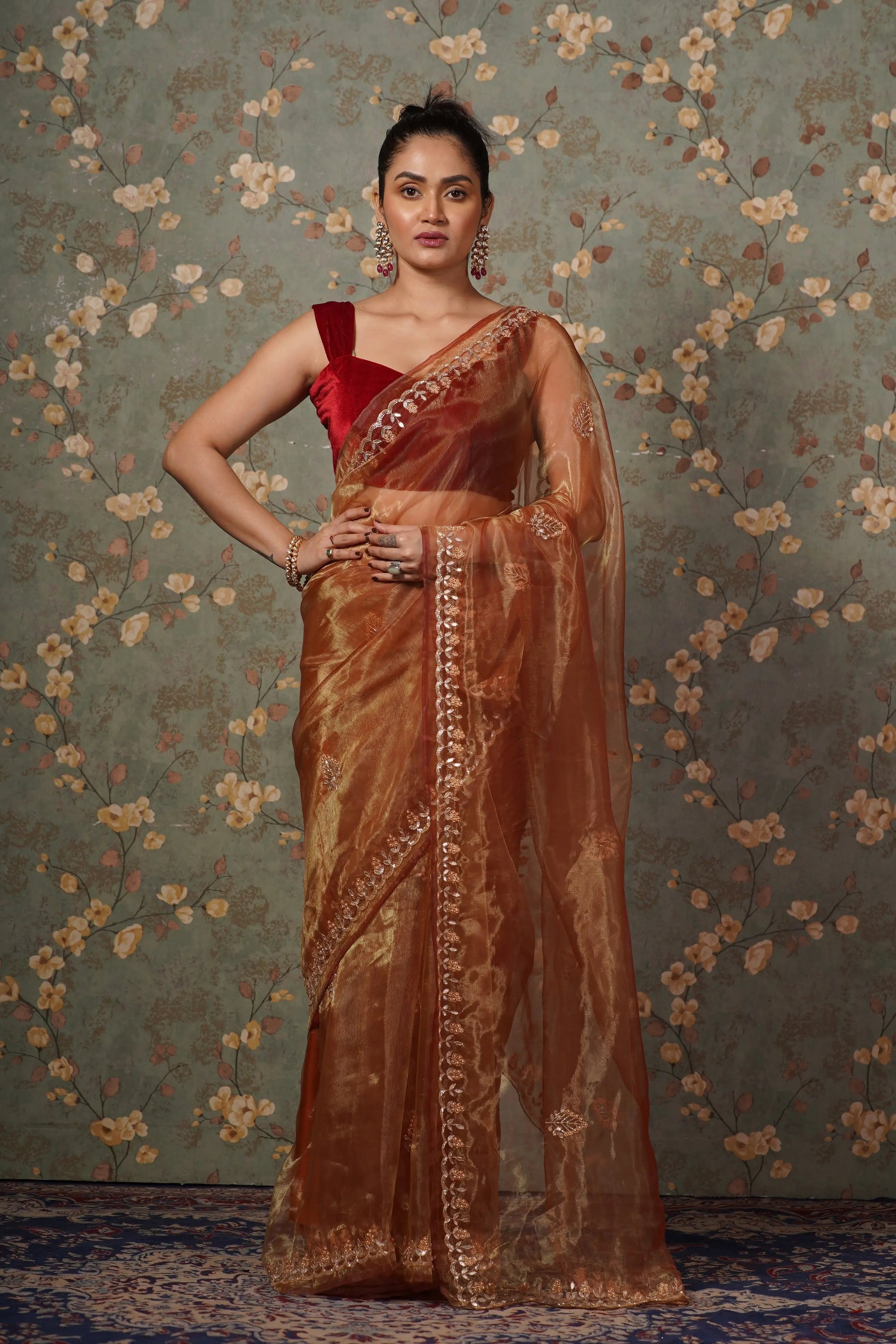 Golden Auburn Glass Tissue Gota patti Saree kreationbykj