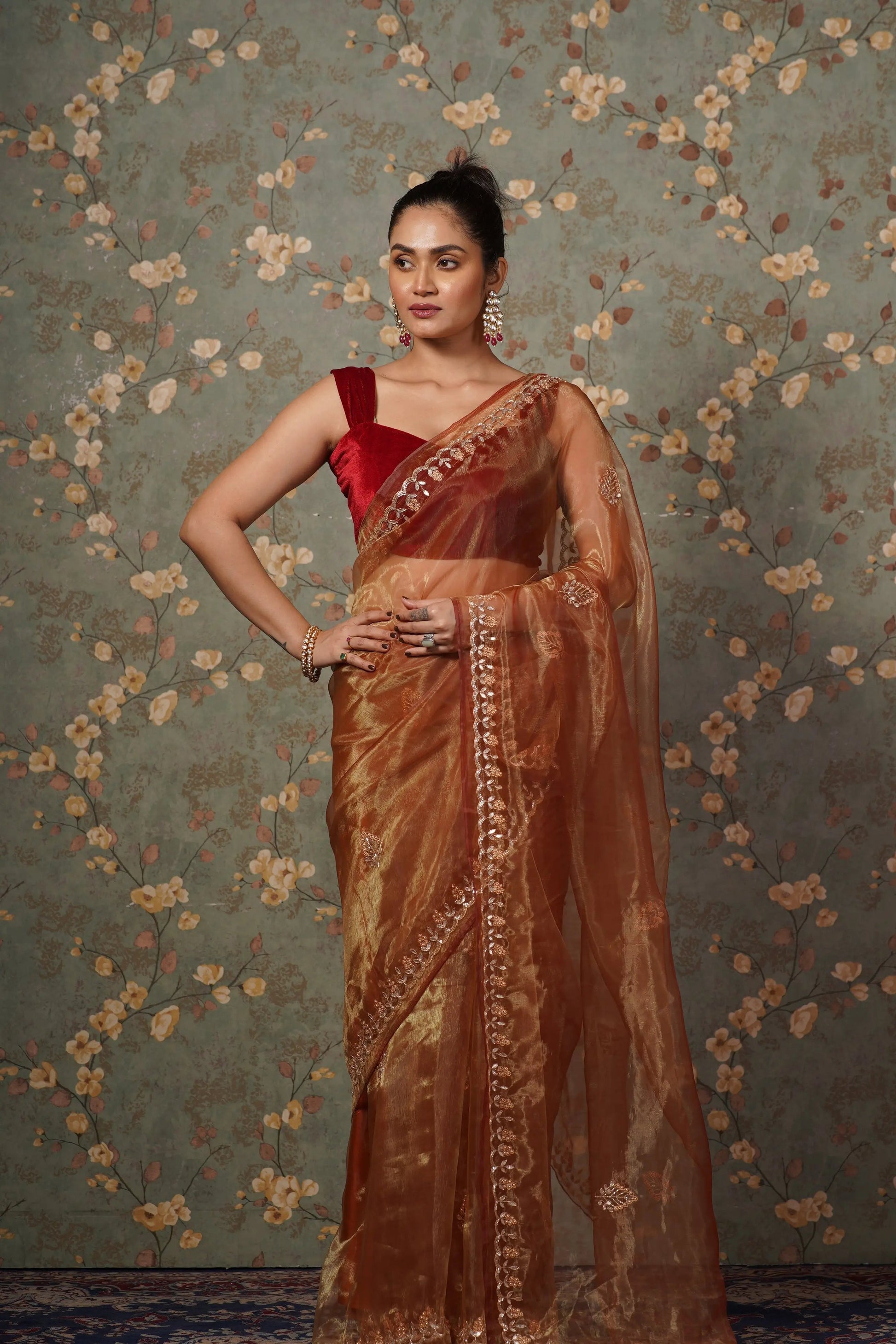 Golden Auburn Glass Tissue Gota patti Saree kreationbykj