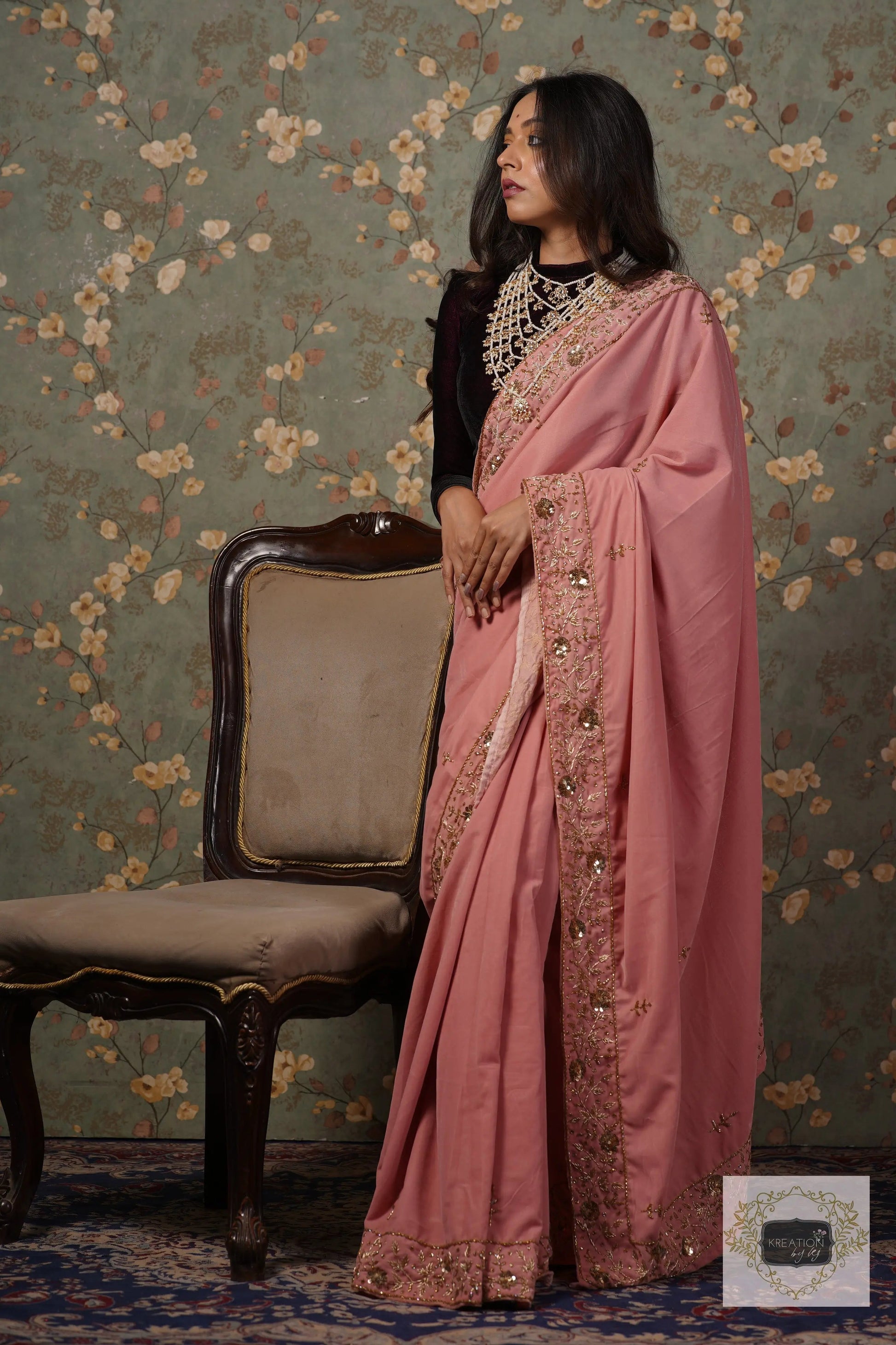 Baby Pink Velvet Anaya Saree kreationbykj