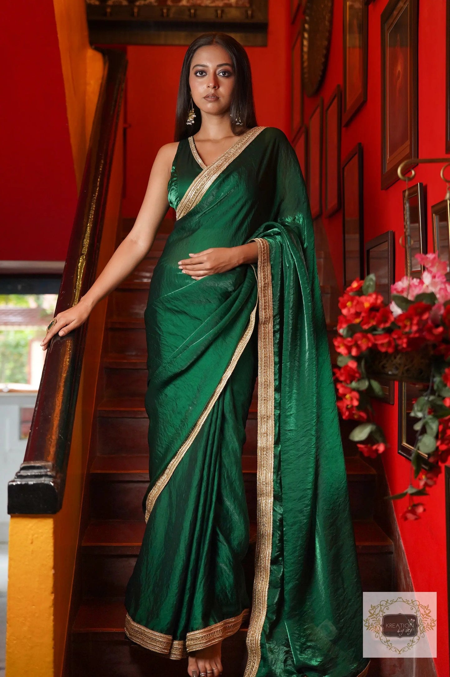 Dark Green Shimmer Satin Cocktail Saree kreationbykj