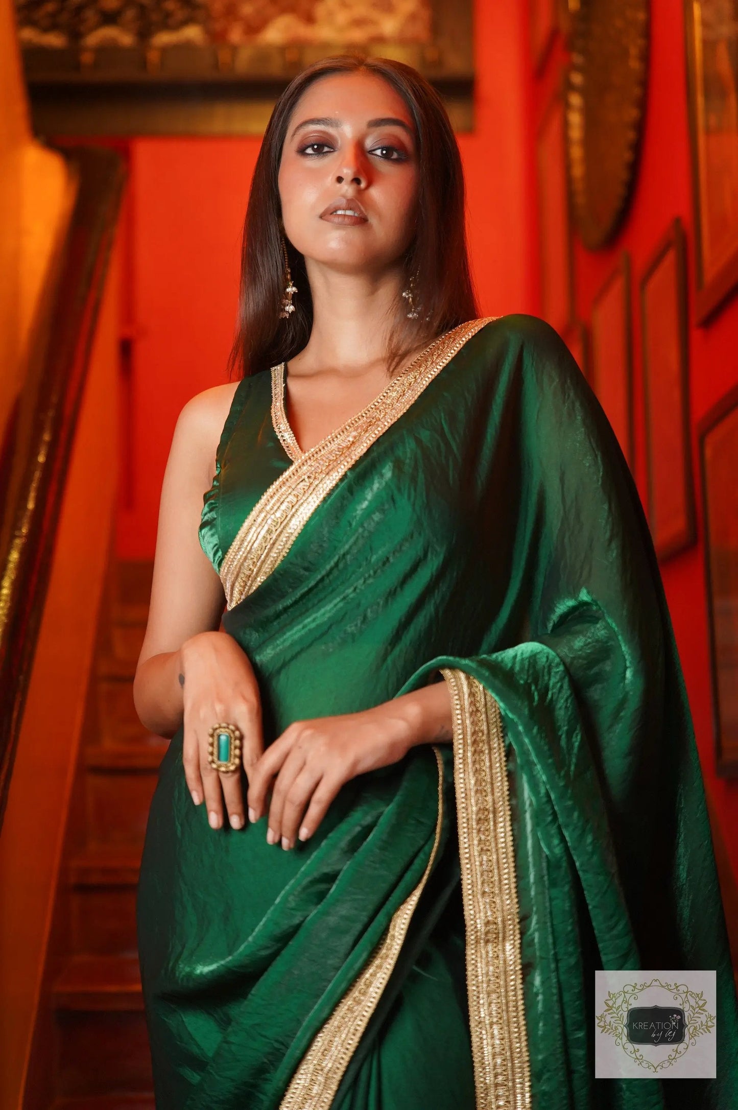 Dark Green Shimmer Satin Cocktail Saree kreationbykj