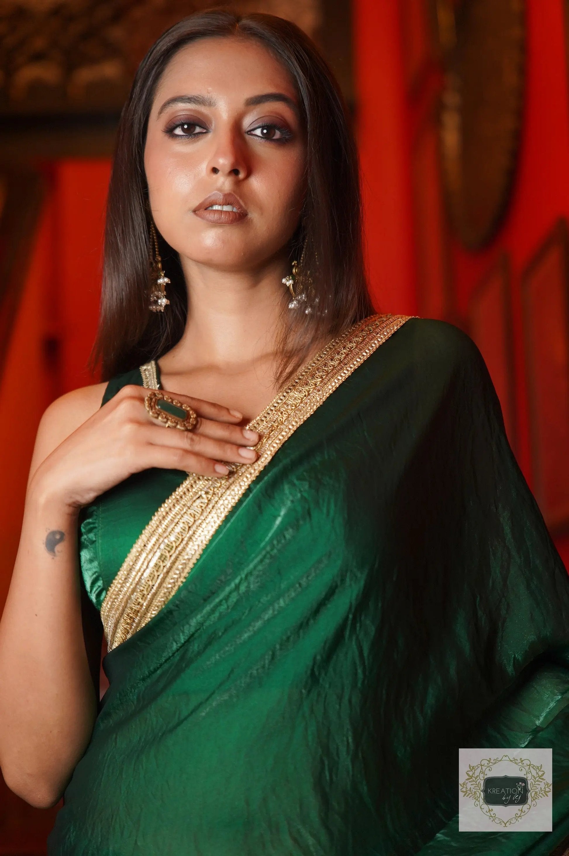 Dark Green Shimmer Satin Cocktail Saree kreationbykj
