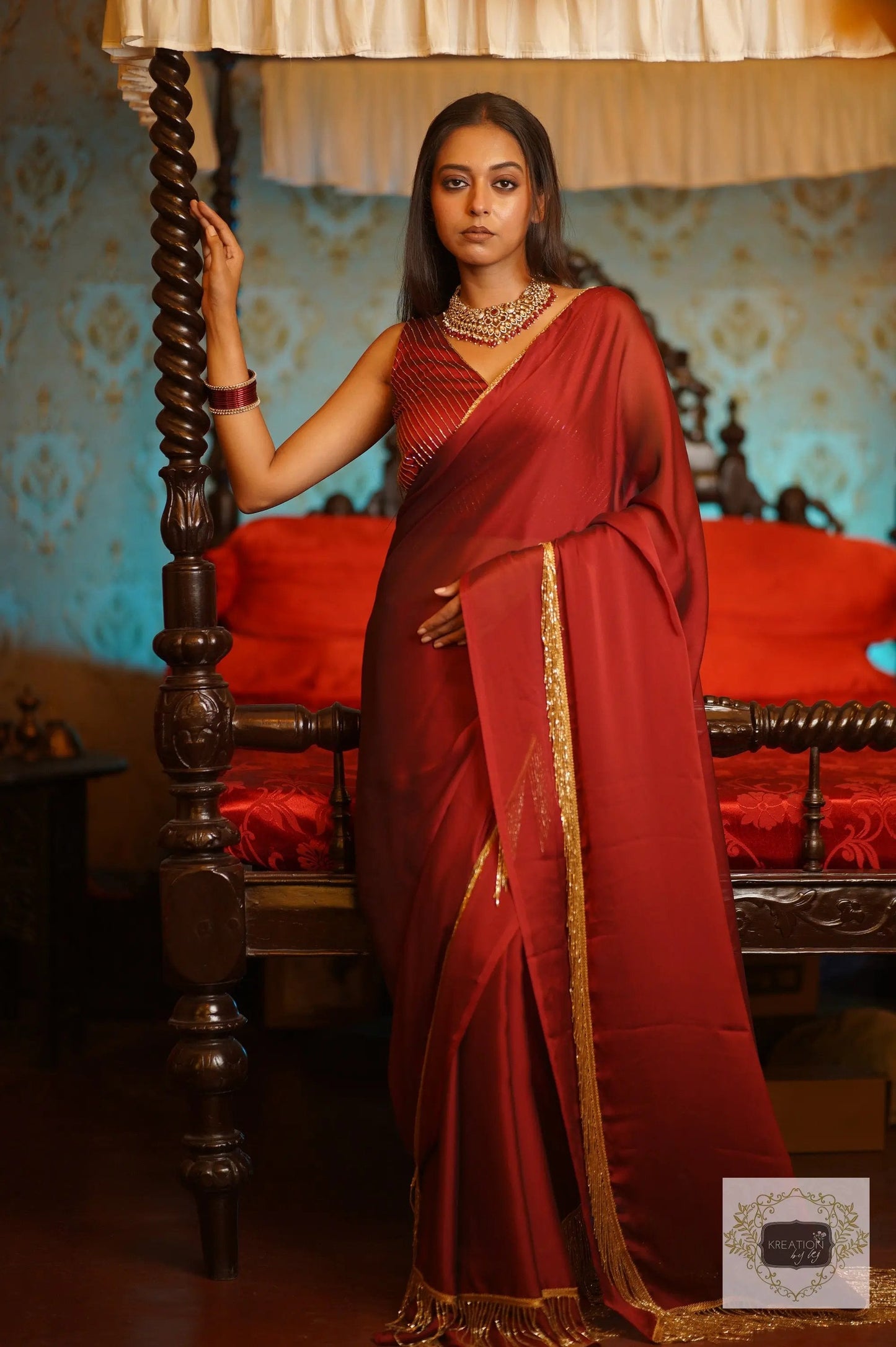 Maroon Charm Tassles Cocktail Saree kreationbykj