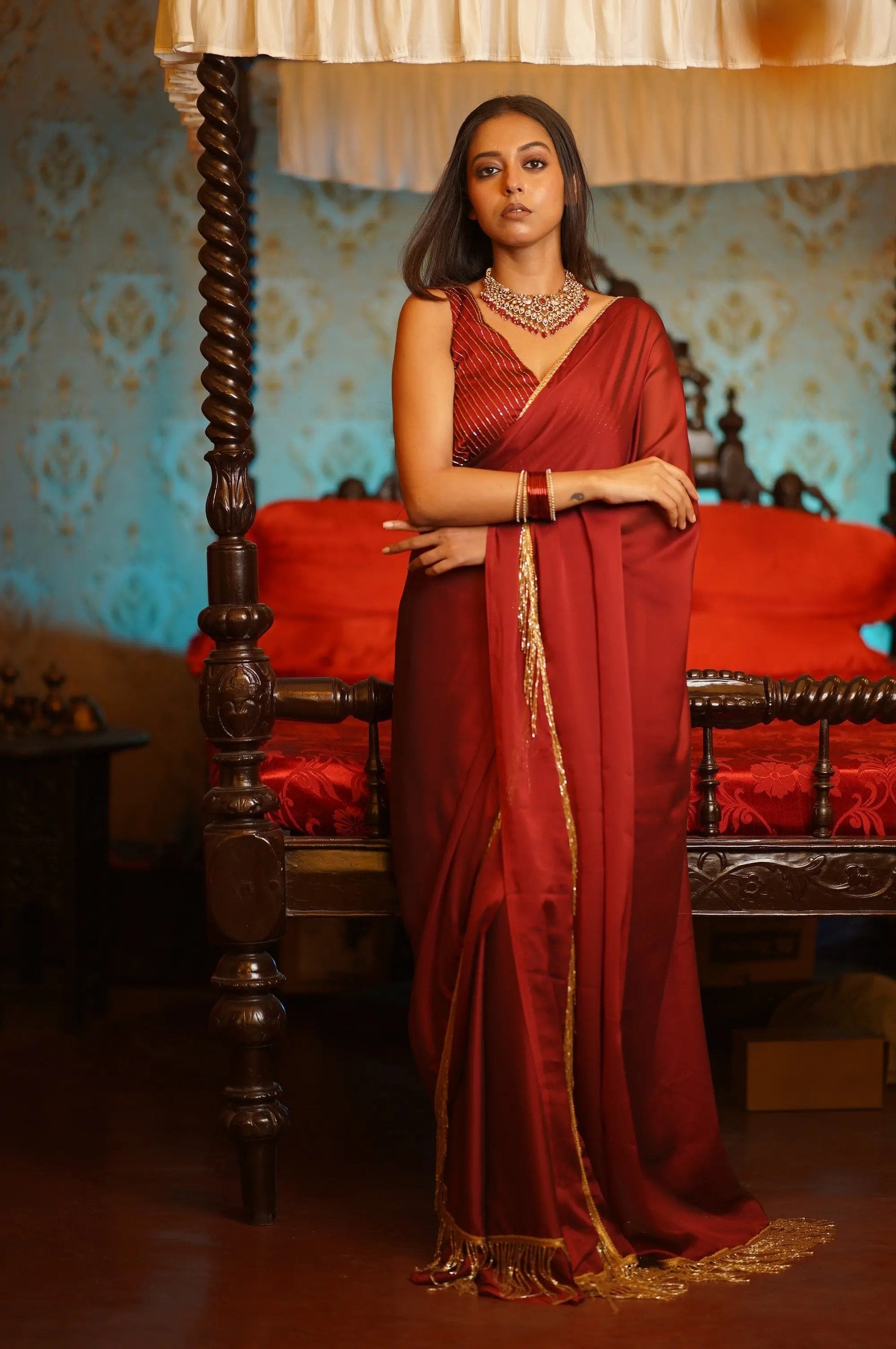 Maroon Charm Tassles Cocktail Saree kreationbykj