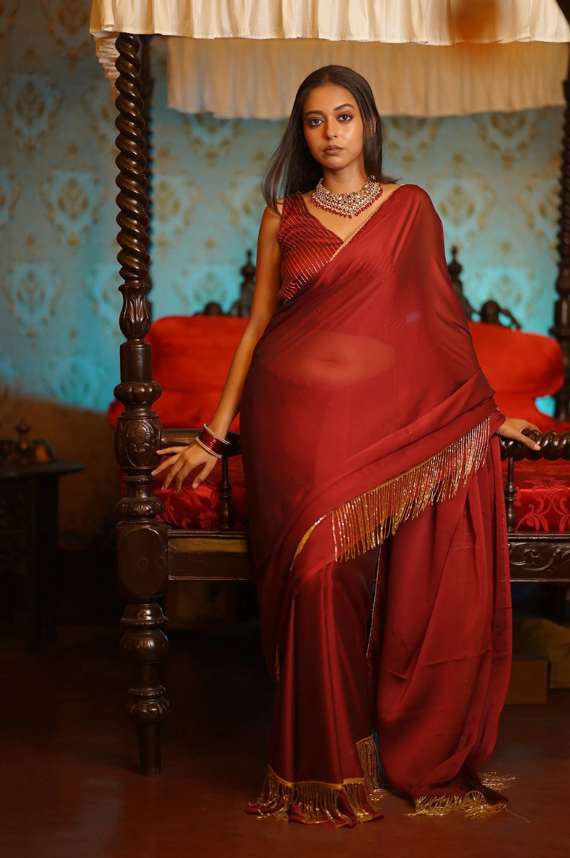 Maroon Charm Tassles Cocktail Saree kreationbykj