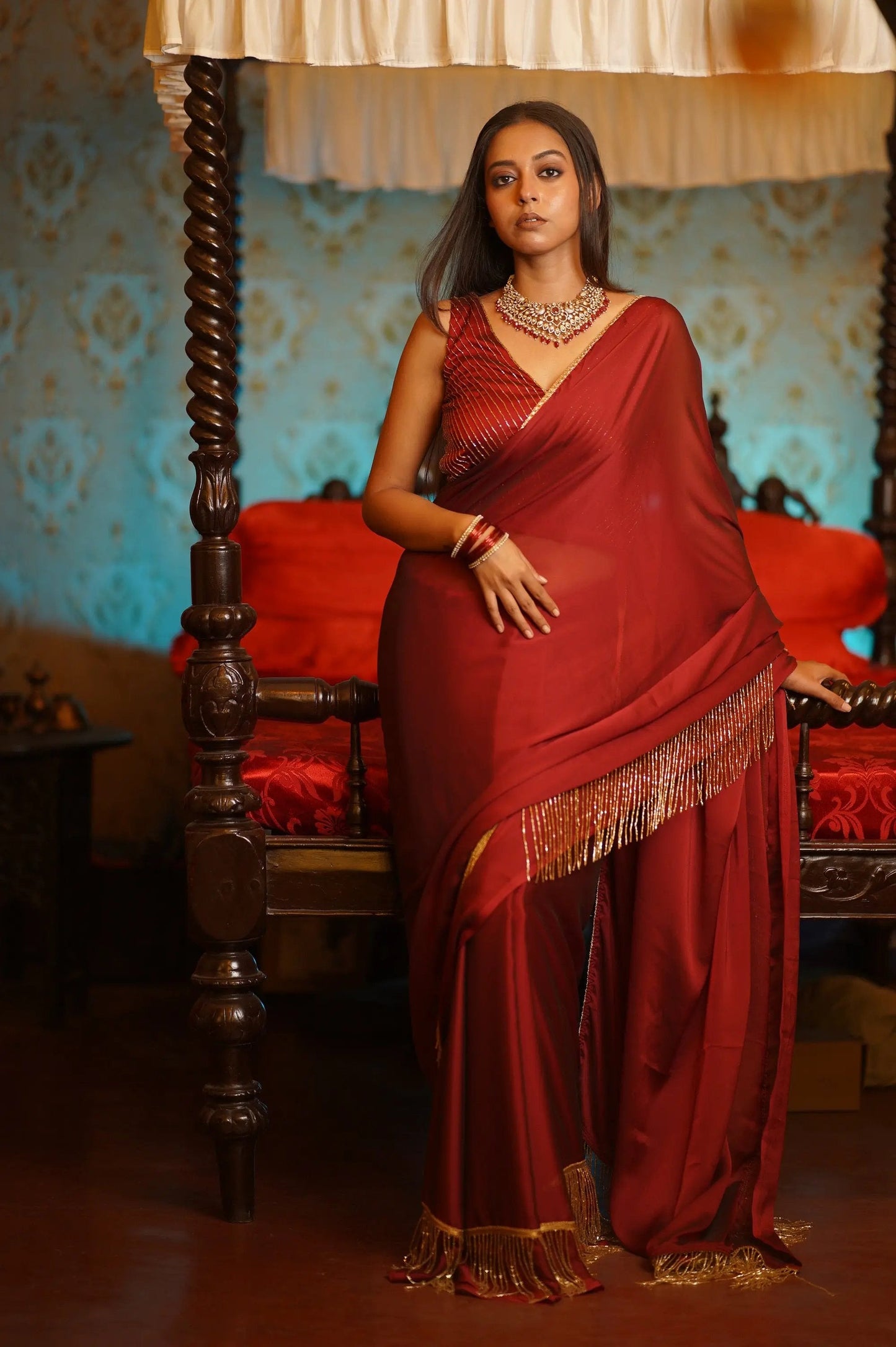 Maroon Charm Tassles Cocktail Saree kreationbykj