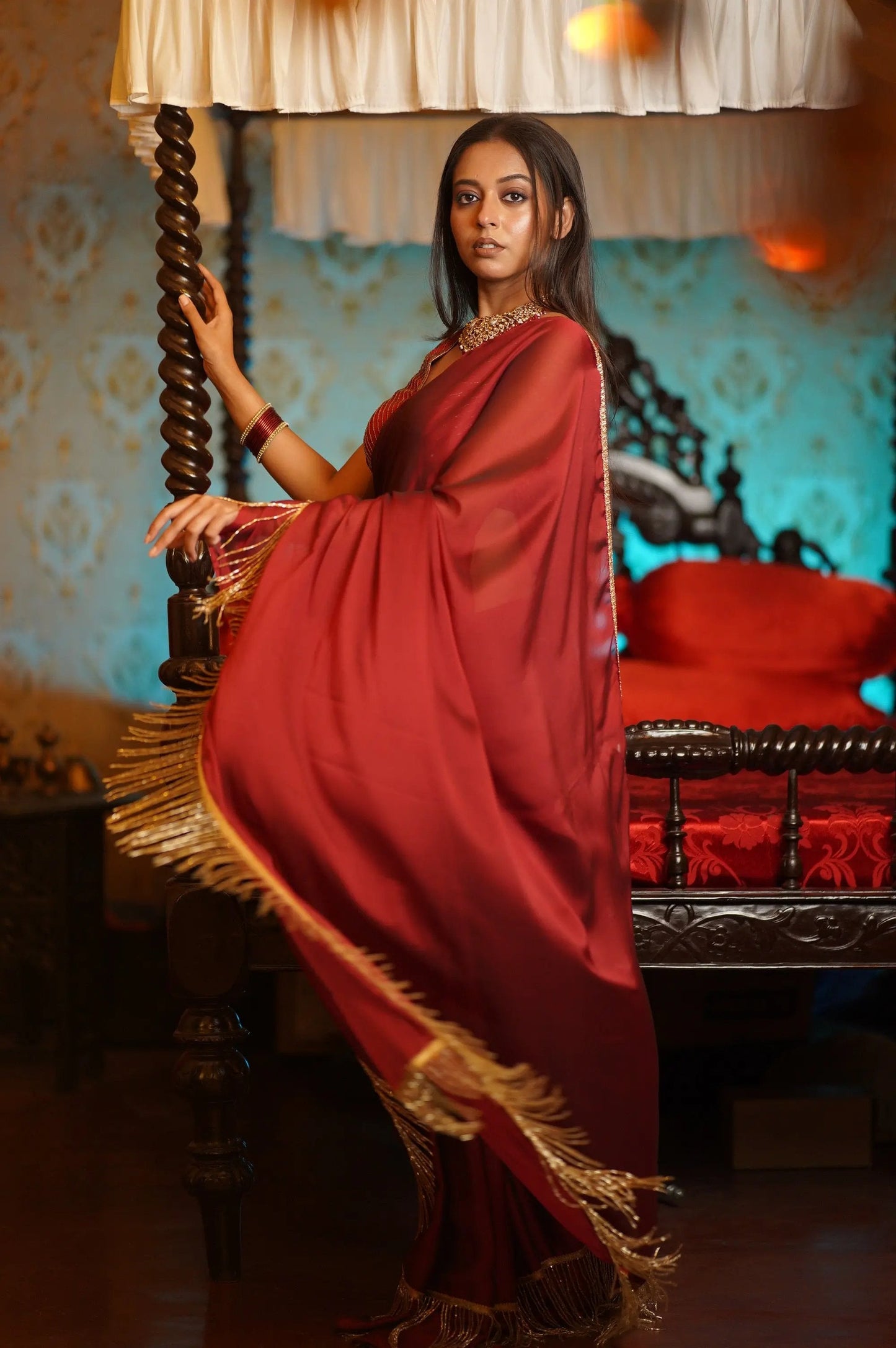 Maroon Charm Tassles Cocktail Saree kreationbykj