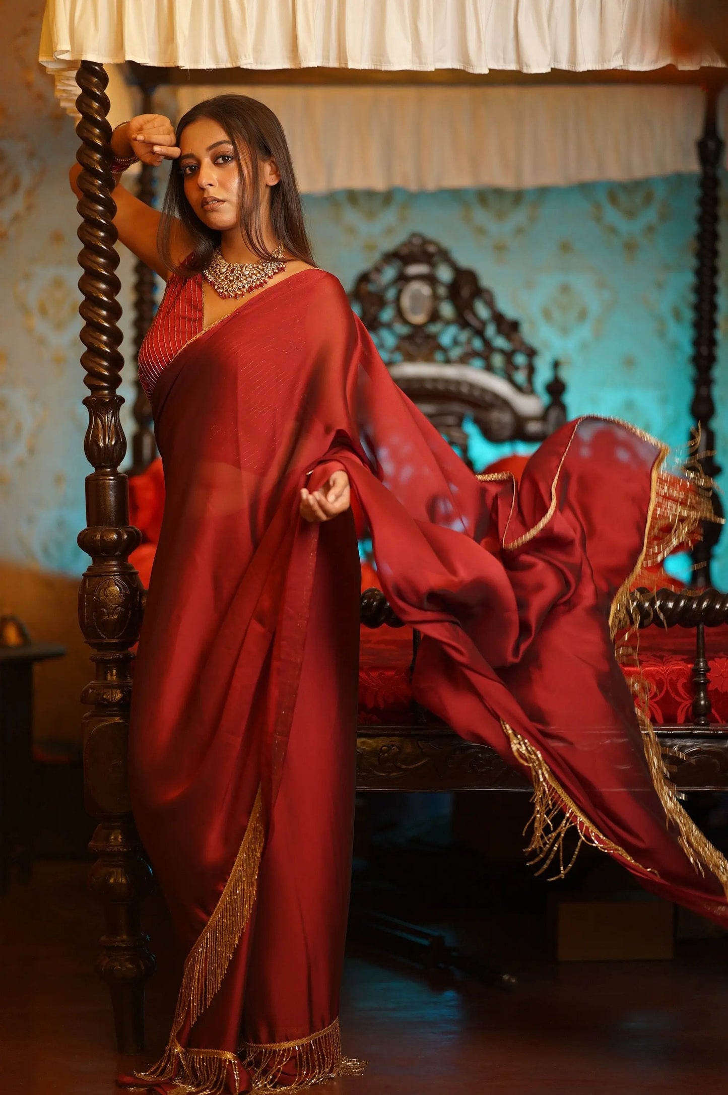 Maroon Charm Tassles Cocktail Saree kreationbykj