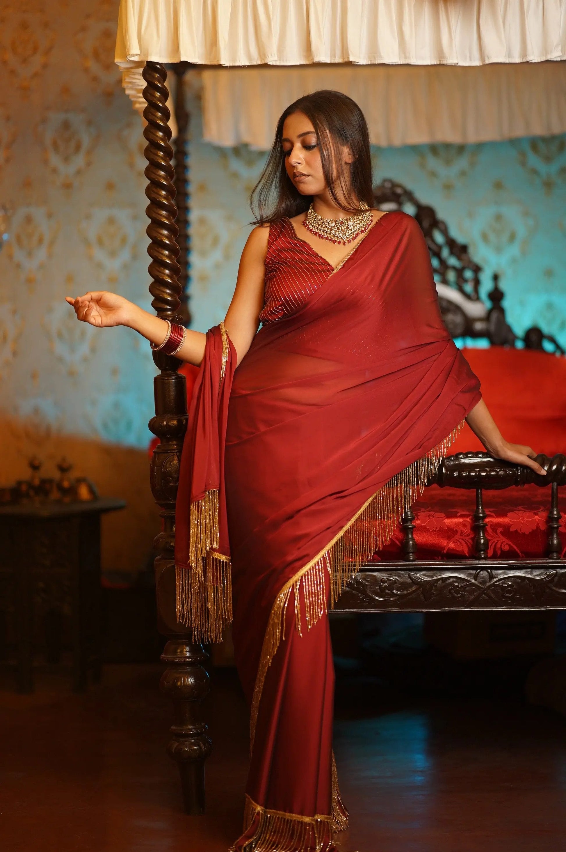 Maroon Charm Tassles Cocktail Saree kreationbykj
