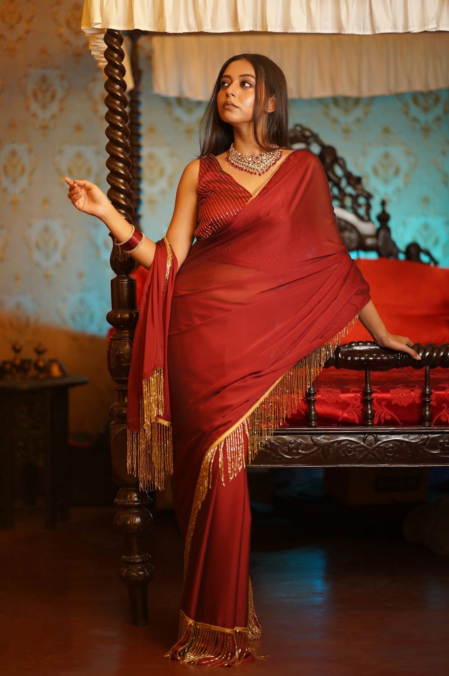 Maroon Charm Tassles Cocktail Saree kreationbykj