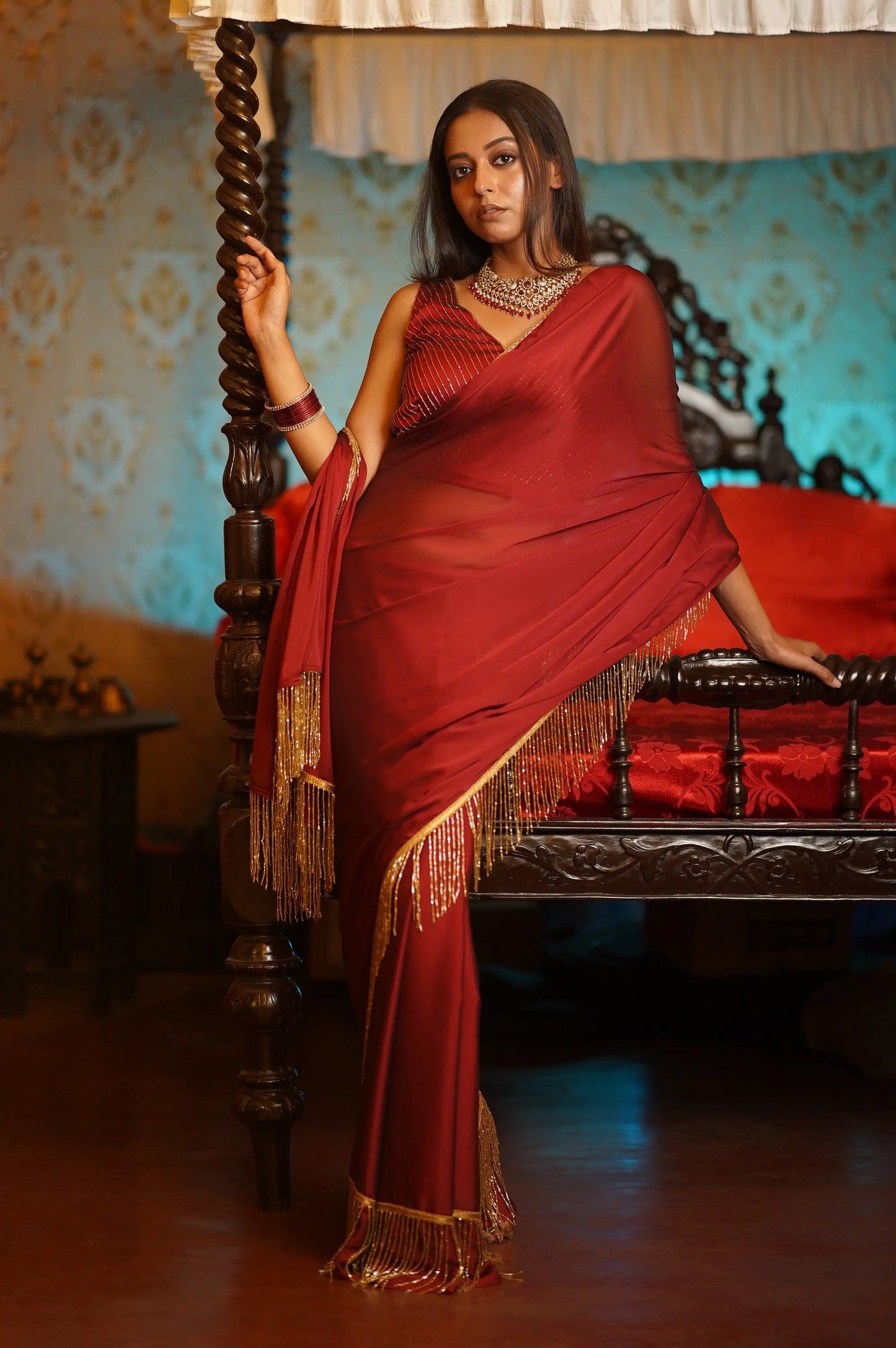 Maroon Charm Tassles Cocktail Saree kreationbykj