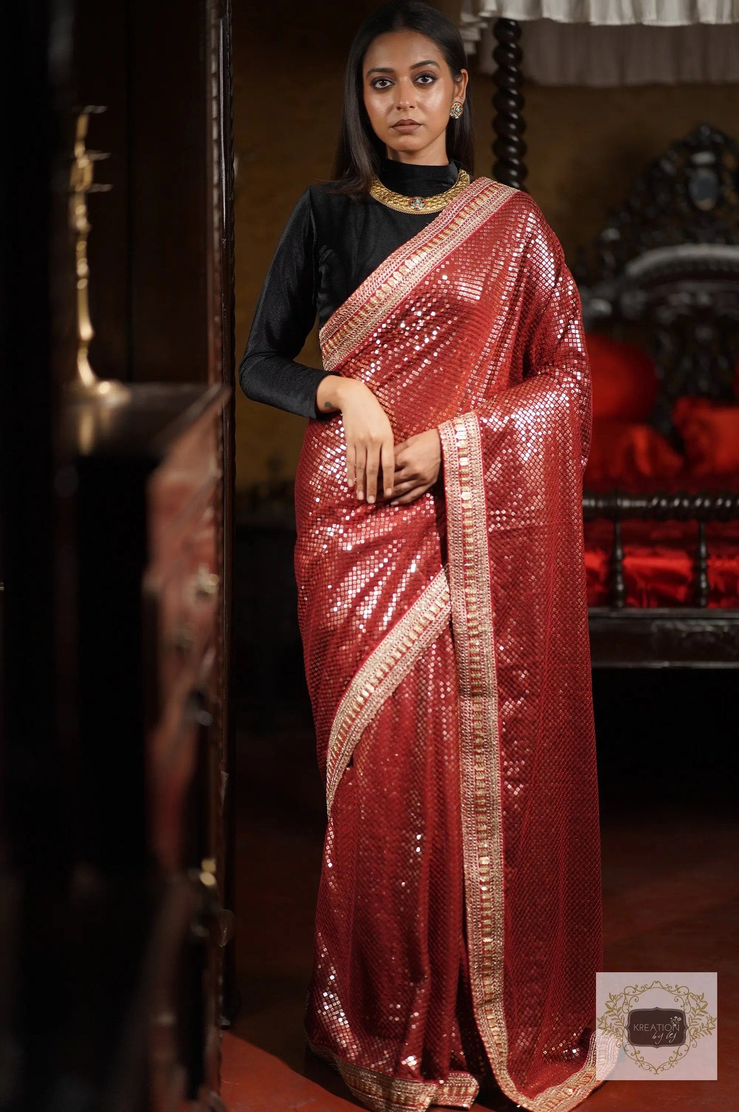 Ruby Radiance Maroon Sequin Saree kreationbykj