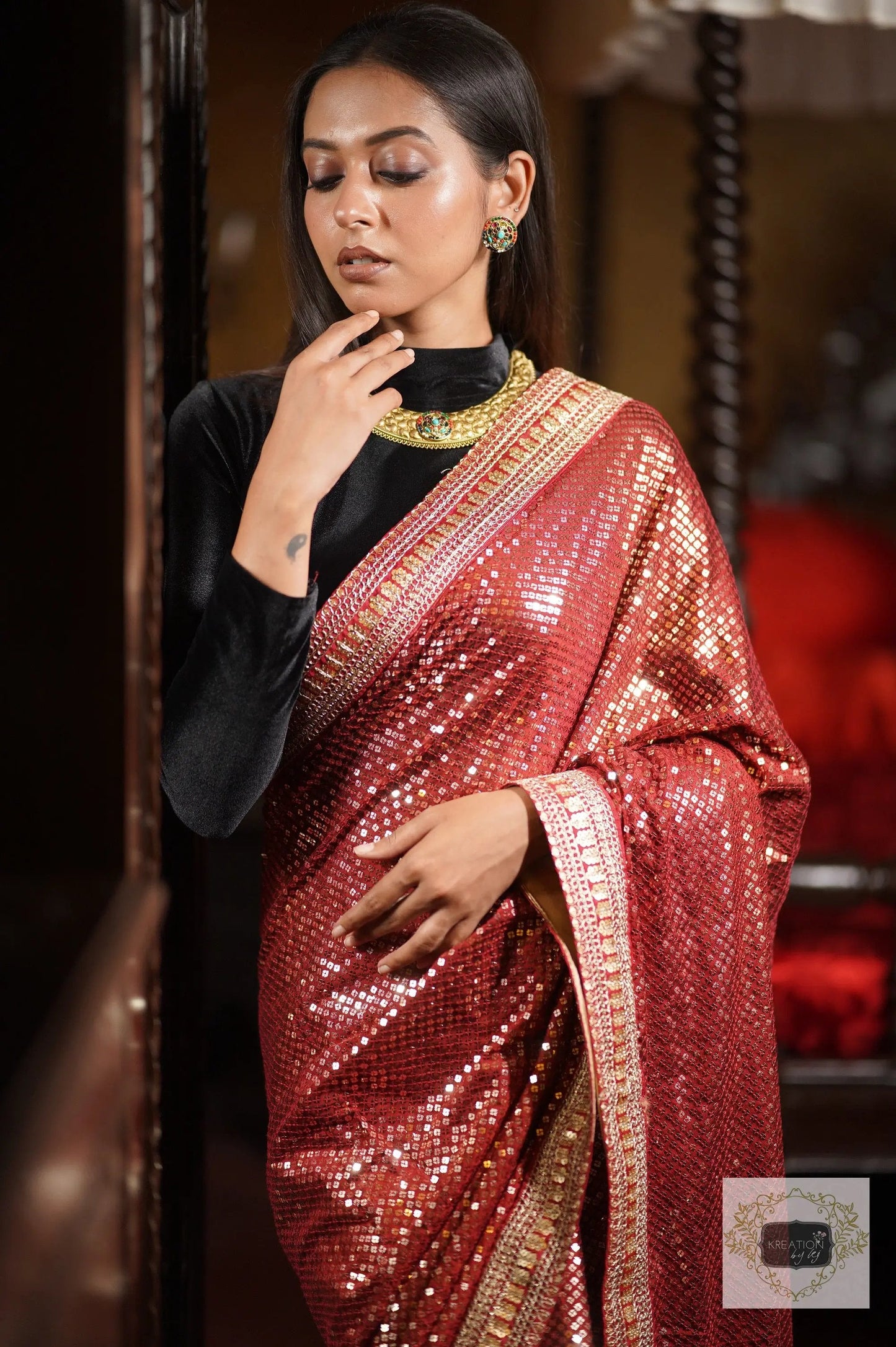 Ruby Radiance Maroon Sequin Saree kreationbykj