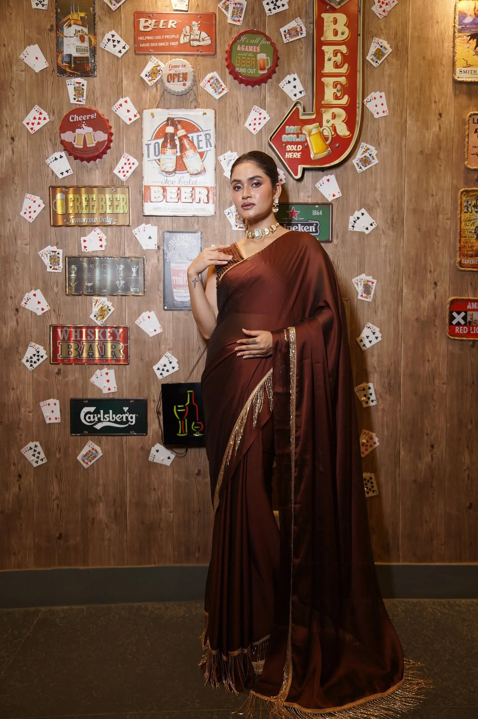 Coffee Brown Charm Tassels Cocktail Saree kreationbykj