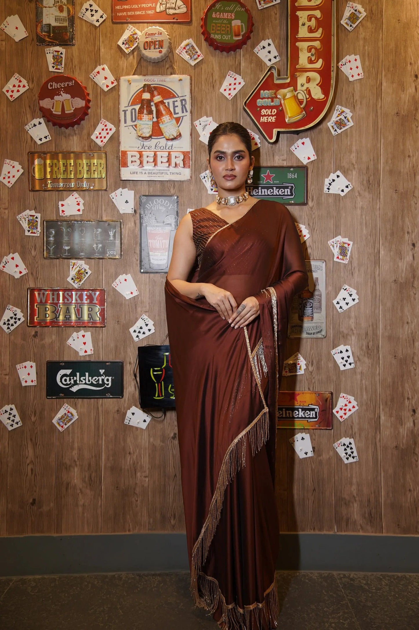 Coffee Brown Charm Tassels Cocktail Saree kreationbykj