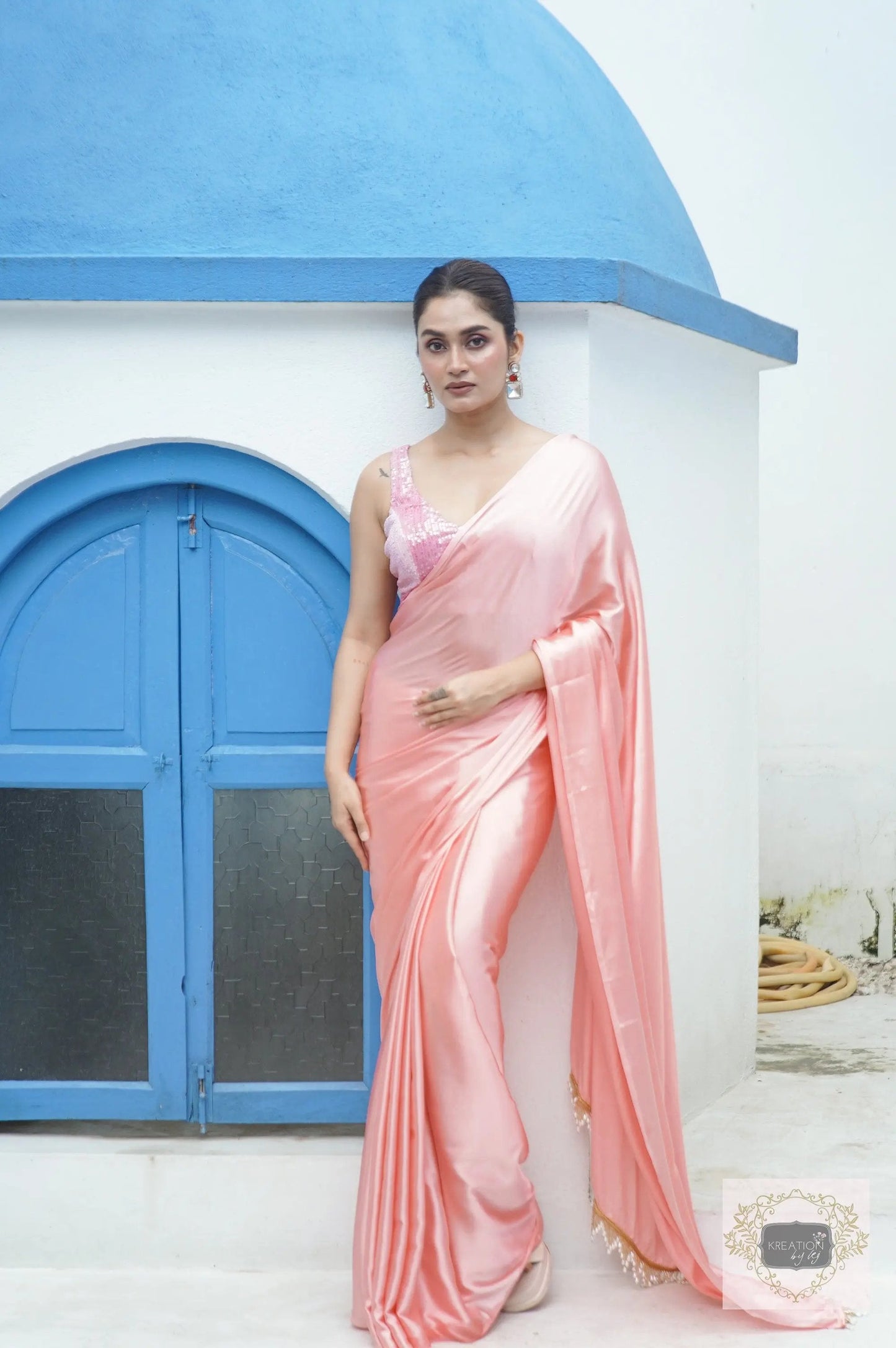 Blush Pink Satin Silk Saree kreationbykj
