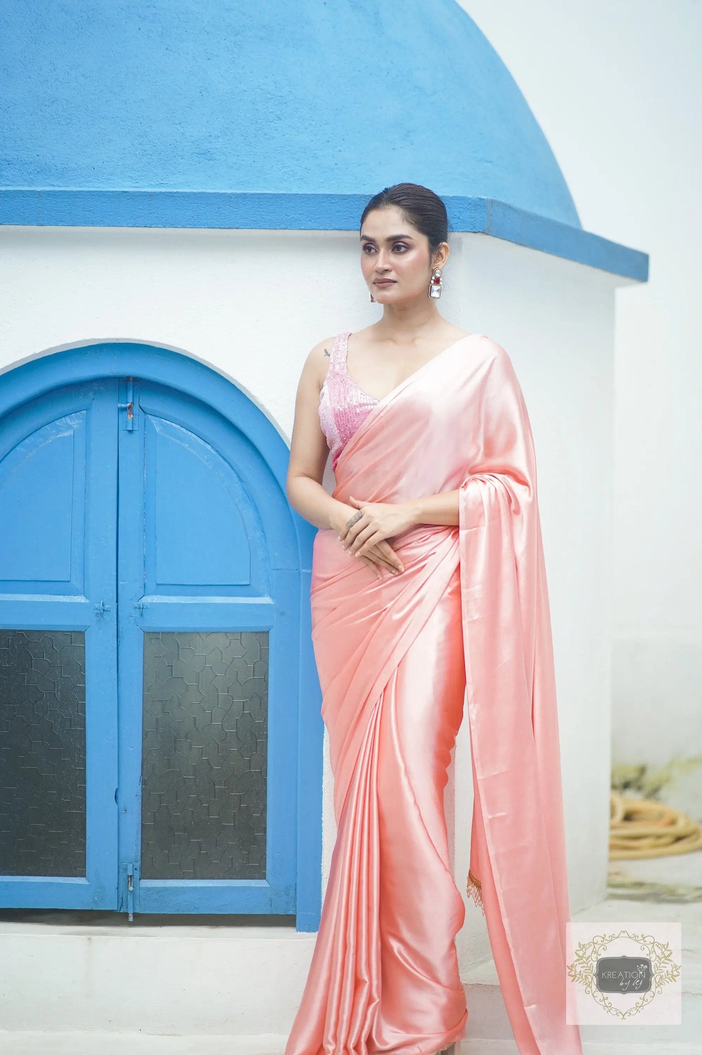 Blush Pink Satin Silk Saree kreationbykj