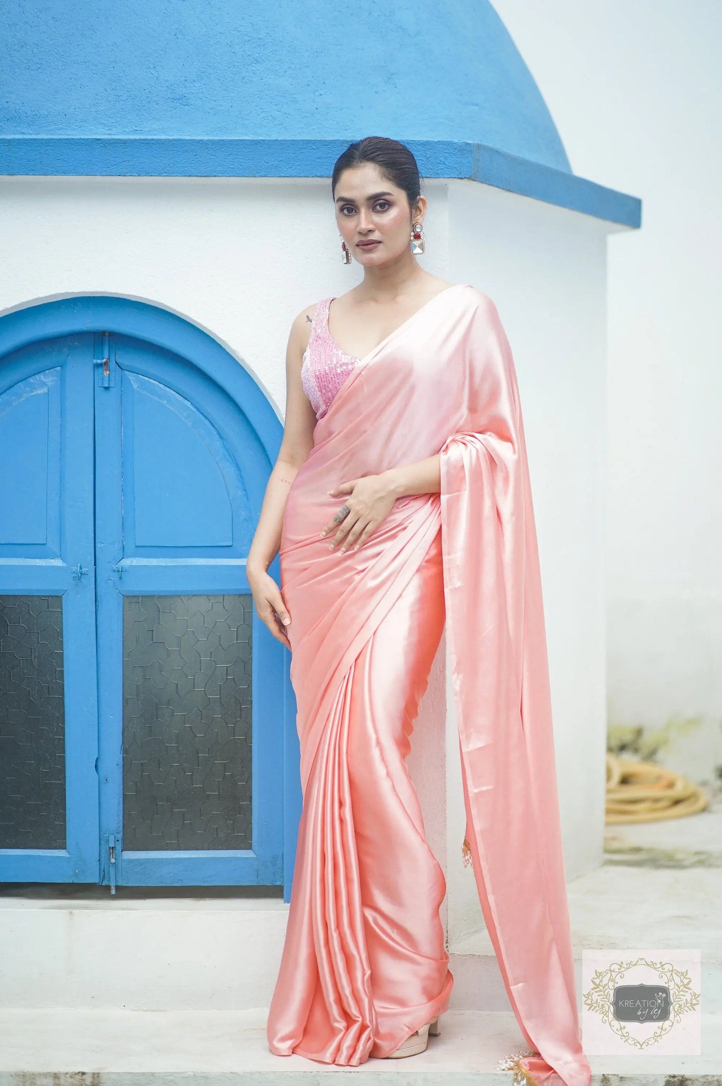Blush Pink Satin Silk Saree kreationbykj