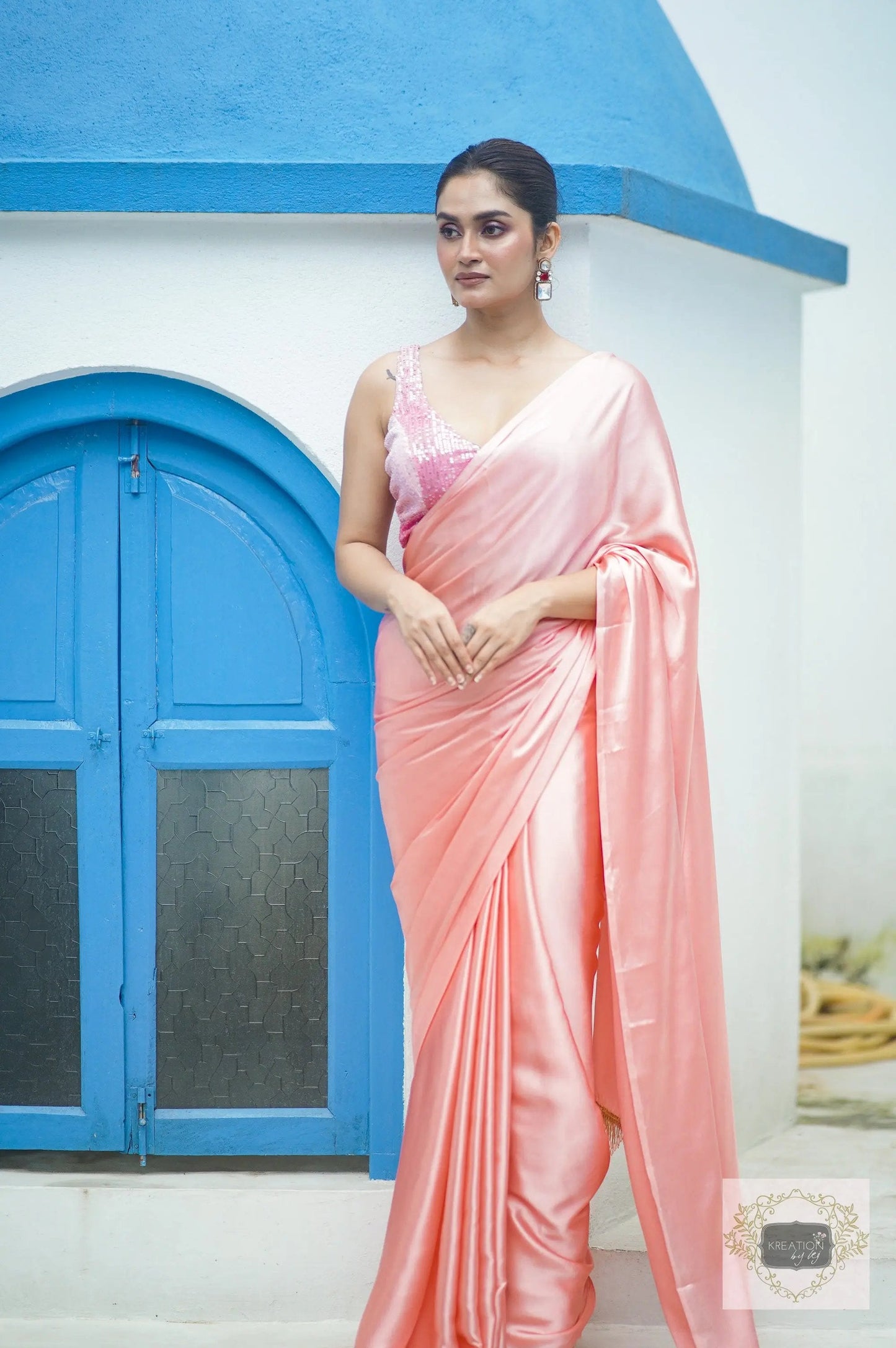 Blush Pink Satin Silk Saree kreationbykj