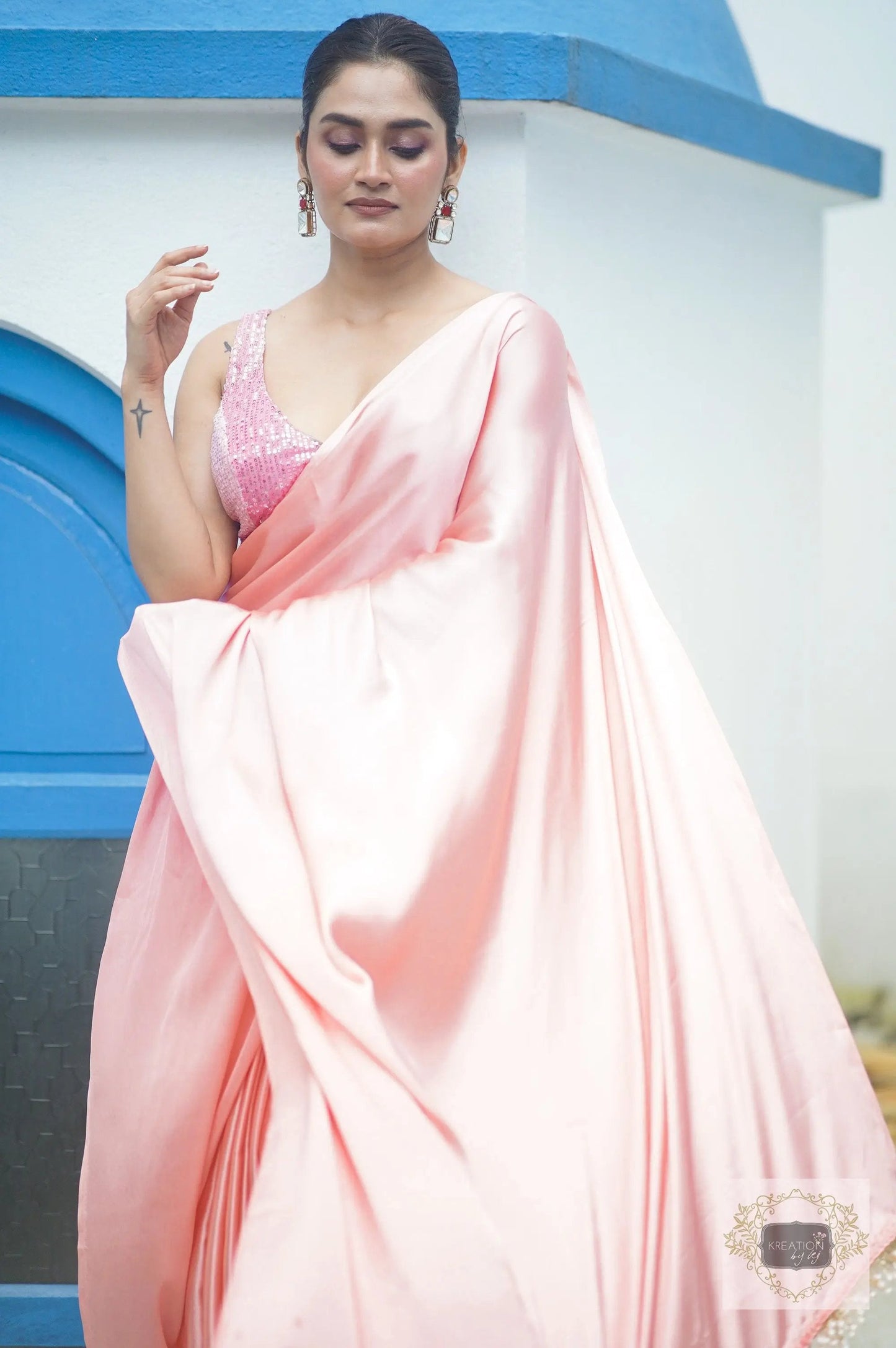 Blush Pink Satin Silk Saree kreationbykj