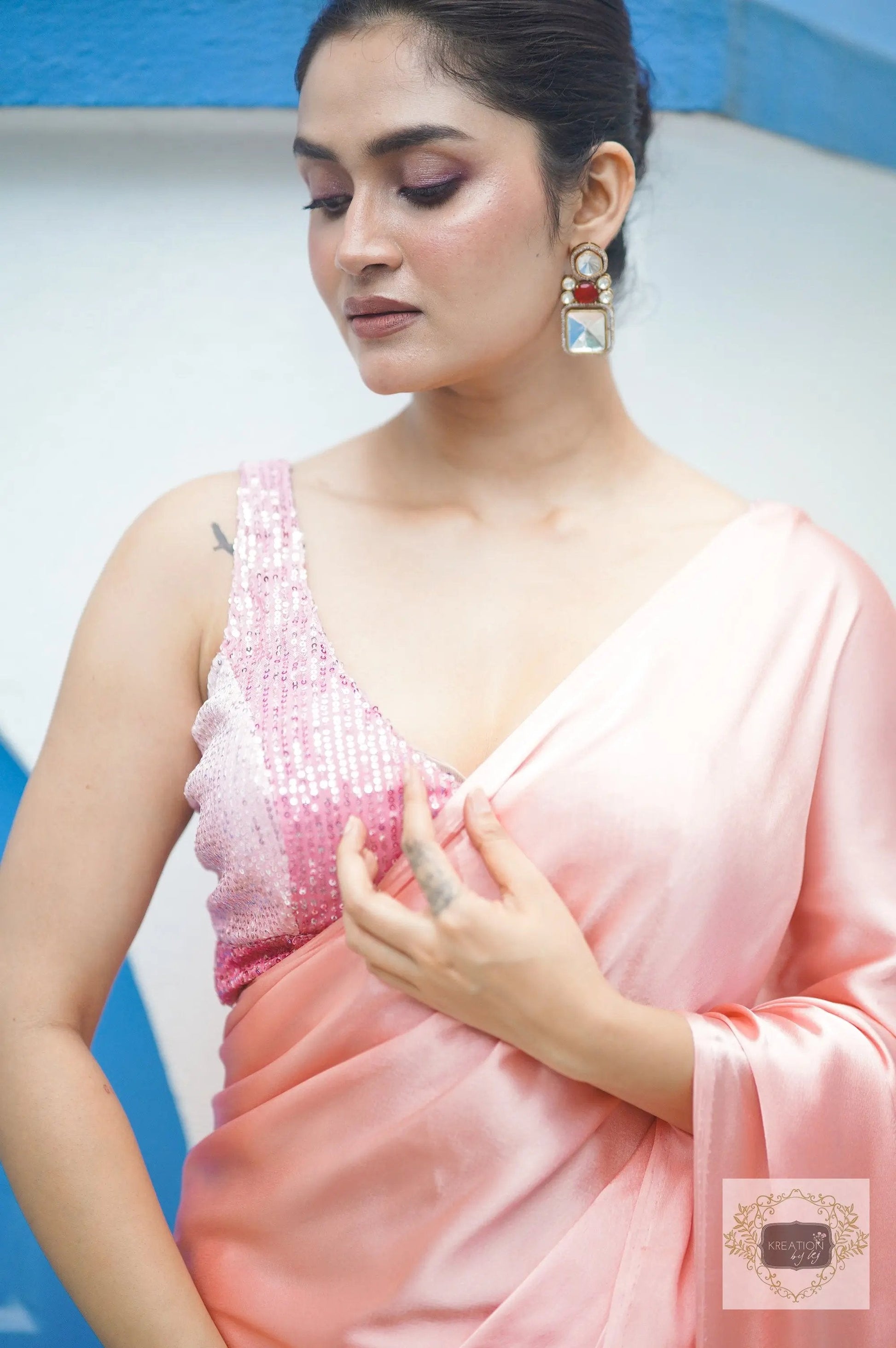 Blush Pink Satin Silk Saree kreationbykj