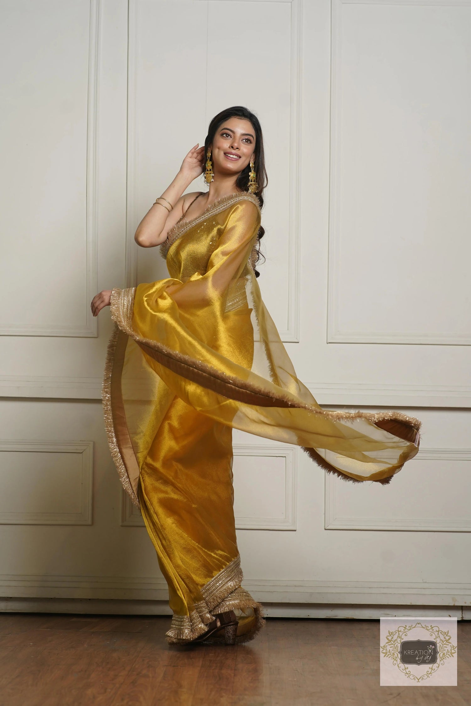 Golden Yellow Zari Tissue Banno Saree for Wedding kreationbykj