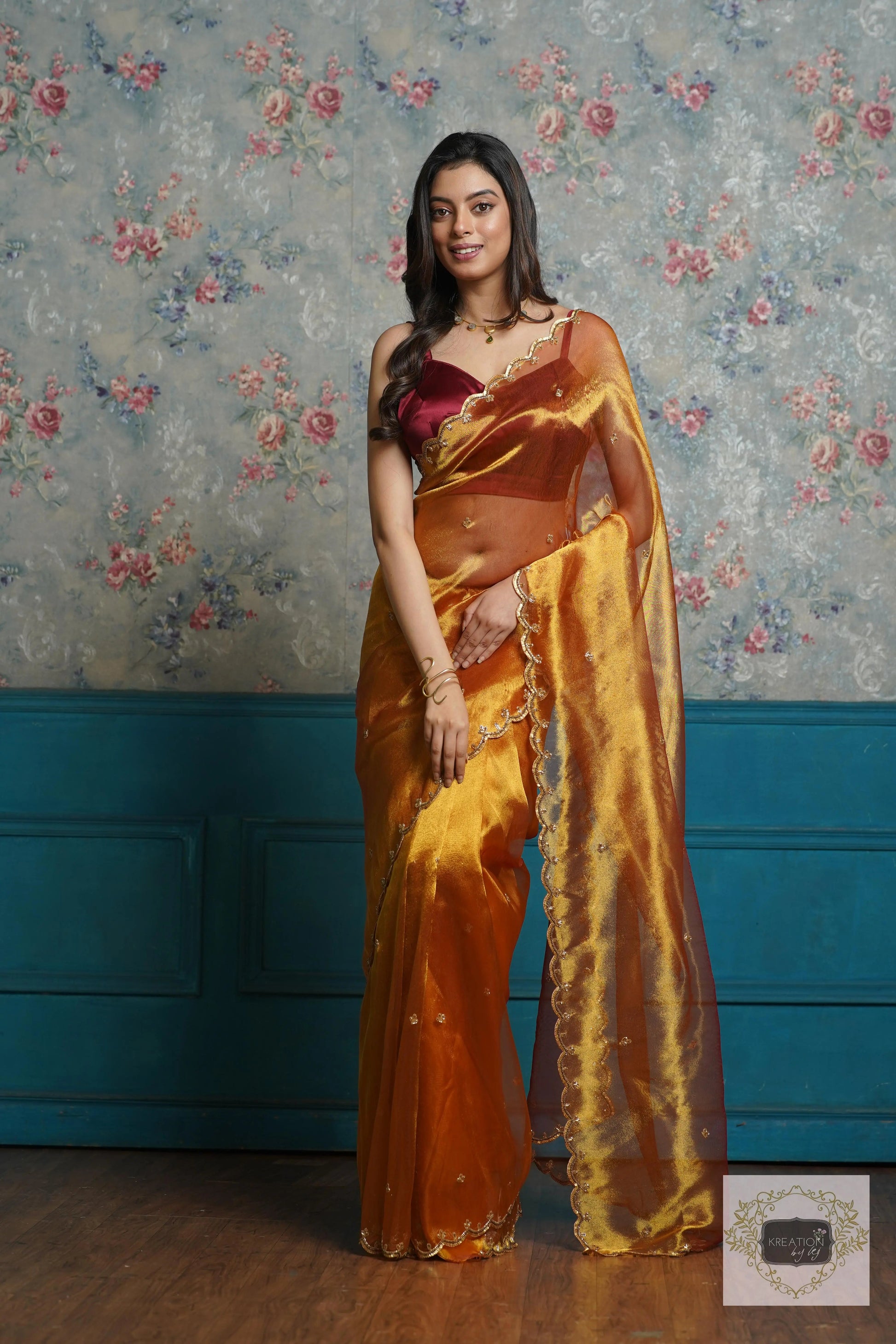 Fiery Gold Zari Tissue Sequins Piyali Saree kreationbykj