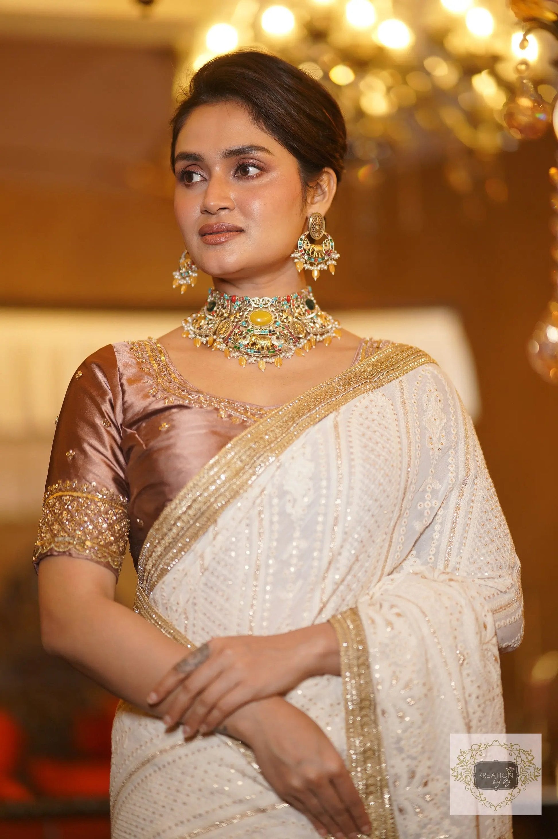 Husn Cream Georgette Embroidered Saree kreationbykj
