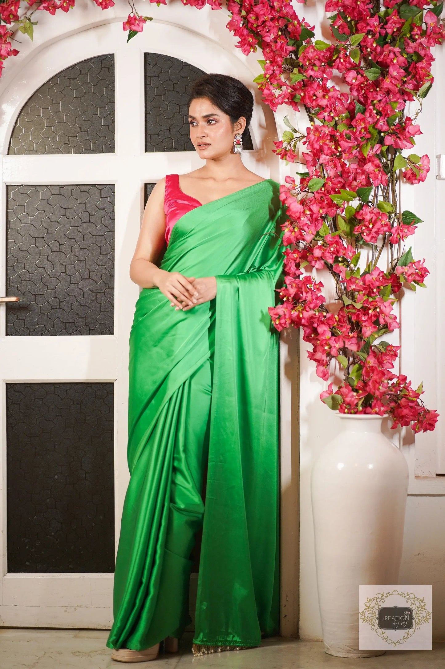 Tia Satin Silk Saree with Handmade Tassels on Pallu kreationbykj