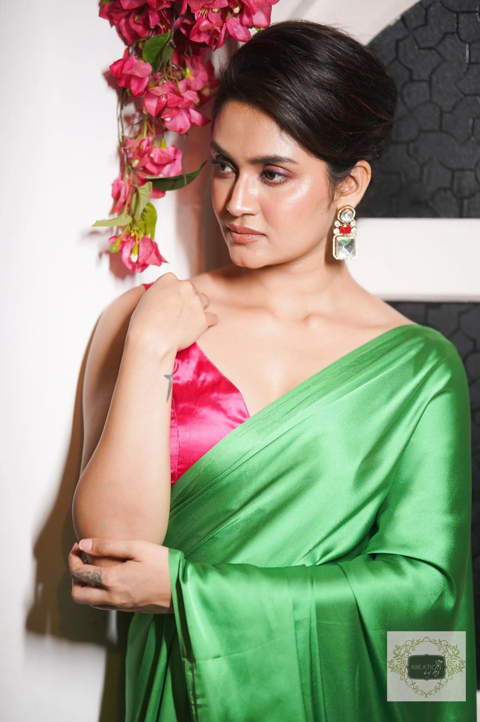 Tia Satin Silk Saree with Handmade Tassels on Pallu kreationbykj