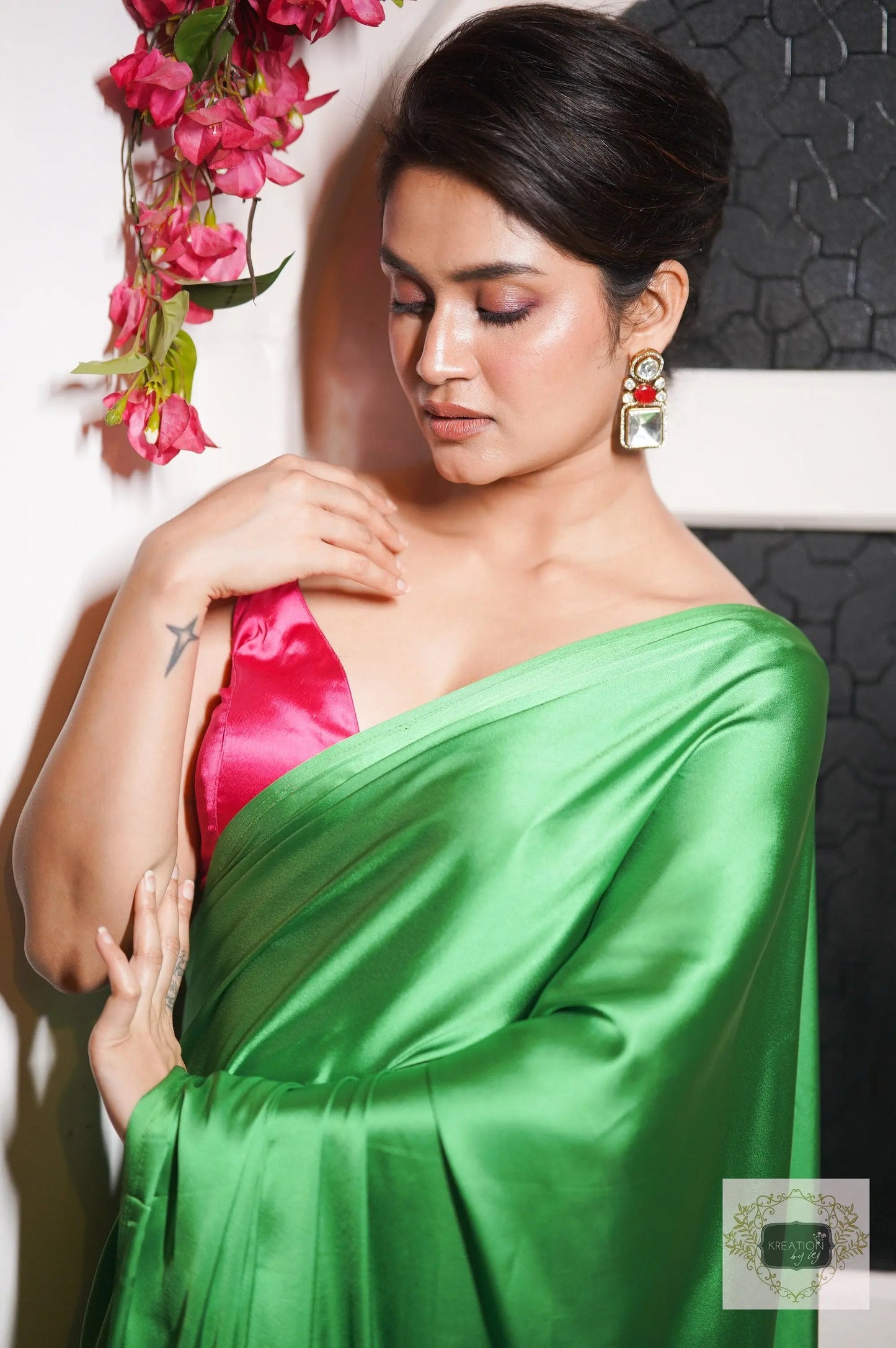 Tia Satin Silk Saree with Handmade Tassels on Pallu kreationbykj