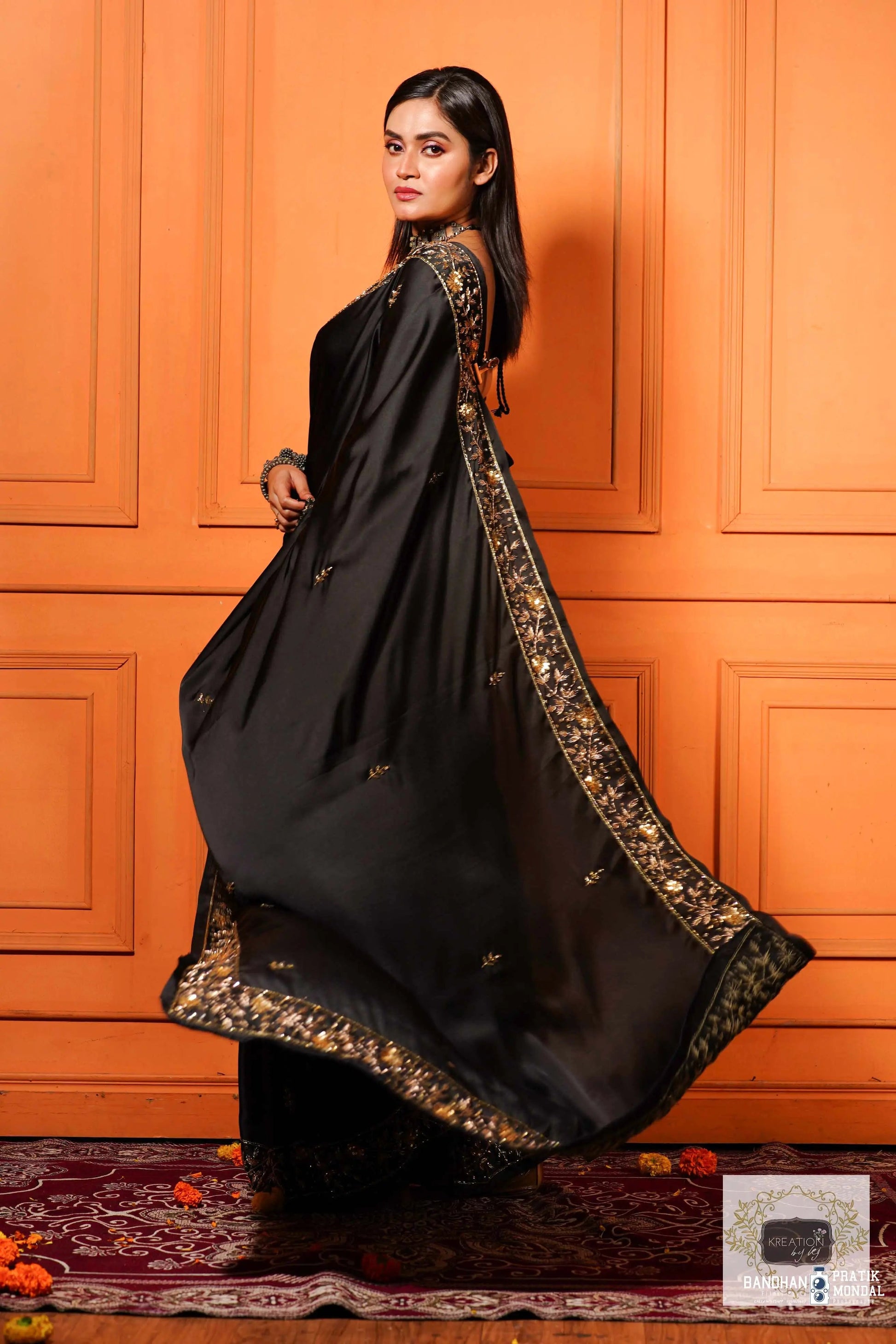 Black Satin Silk Anaya Saree kreationbykj
