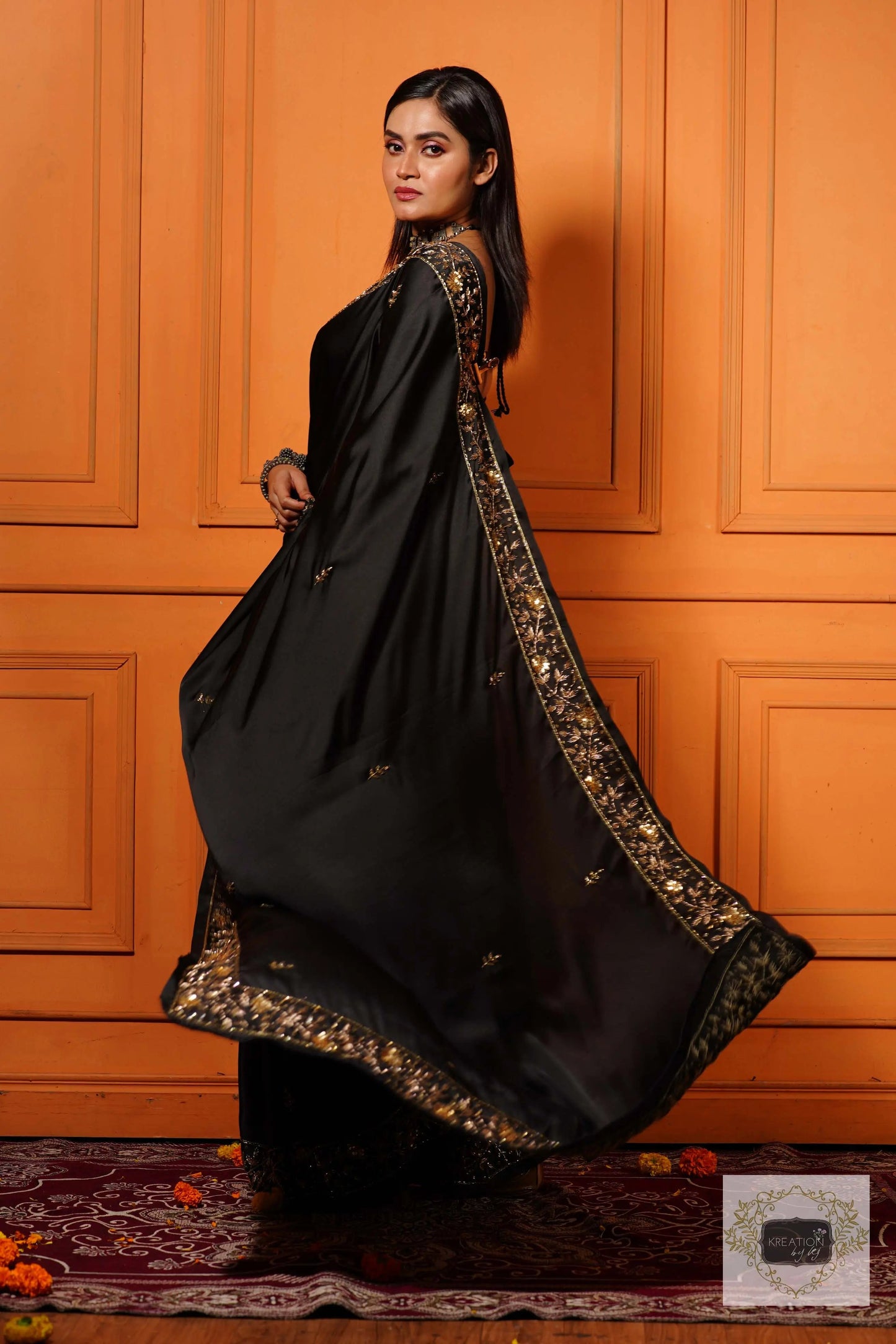 Black Satin Silk Anaya Saree kreationbykj