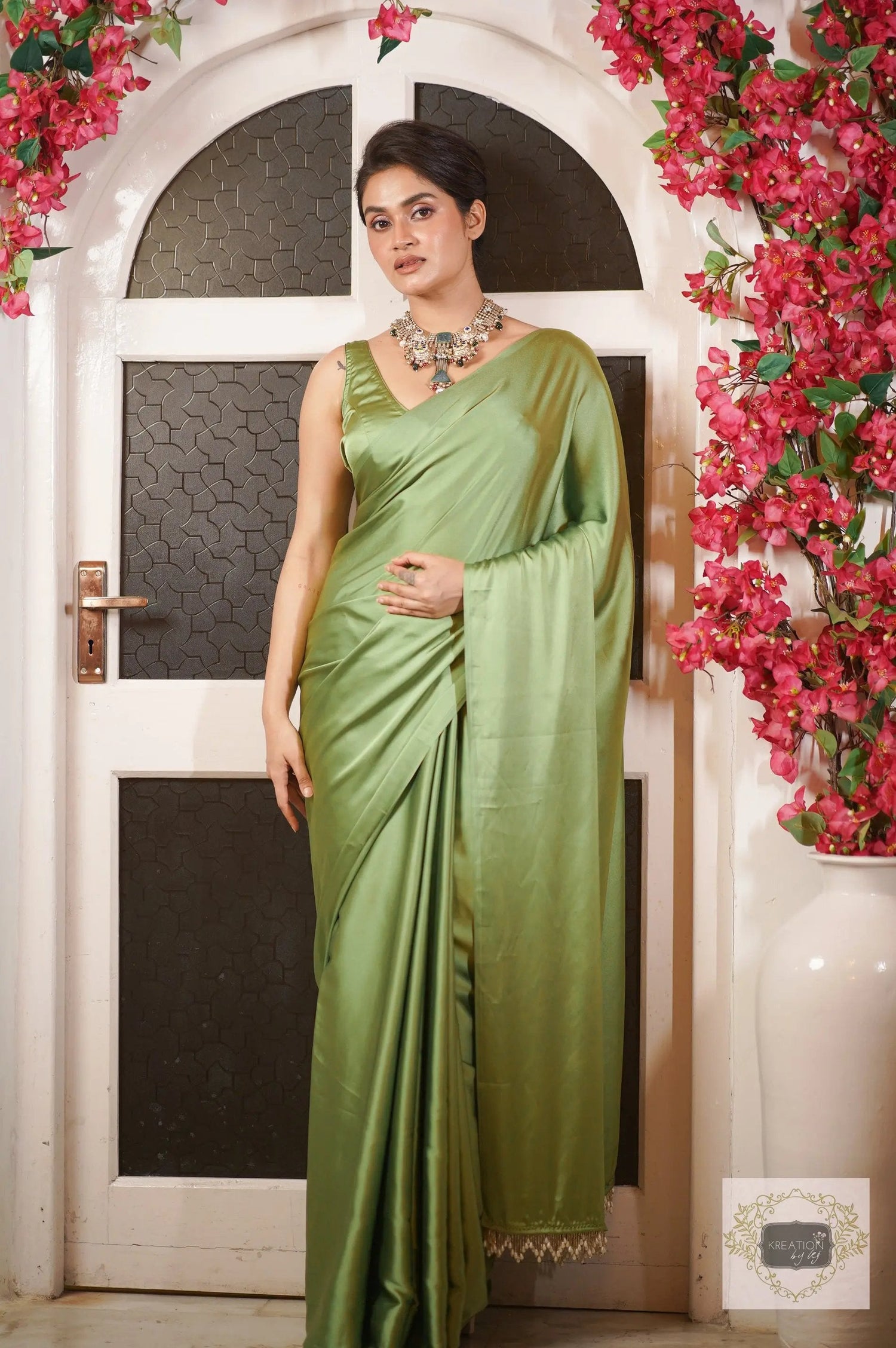 Moss Green Satin Silk Saree with Handmade Tassels on Pallu kreationbykj