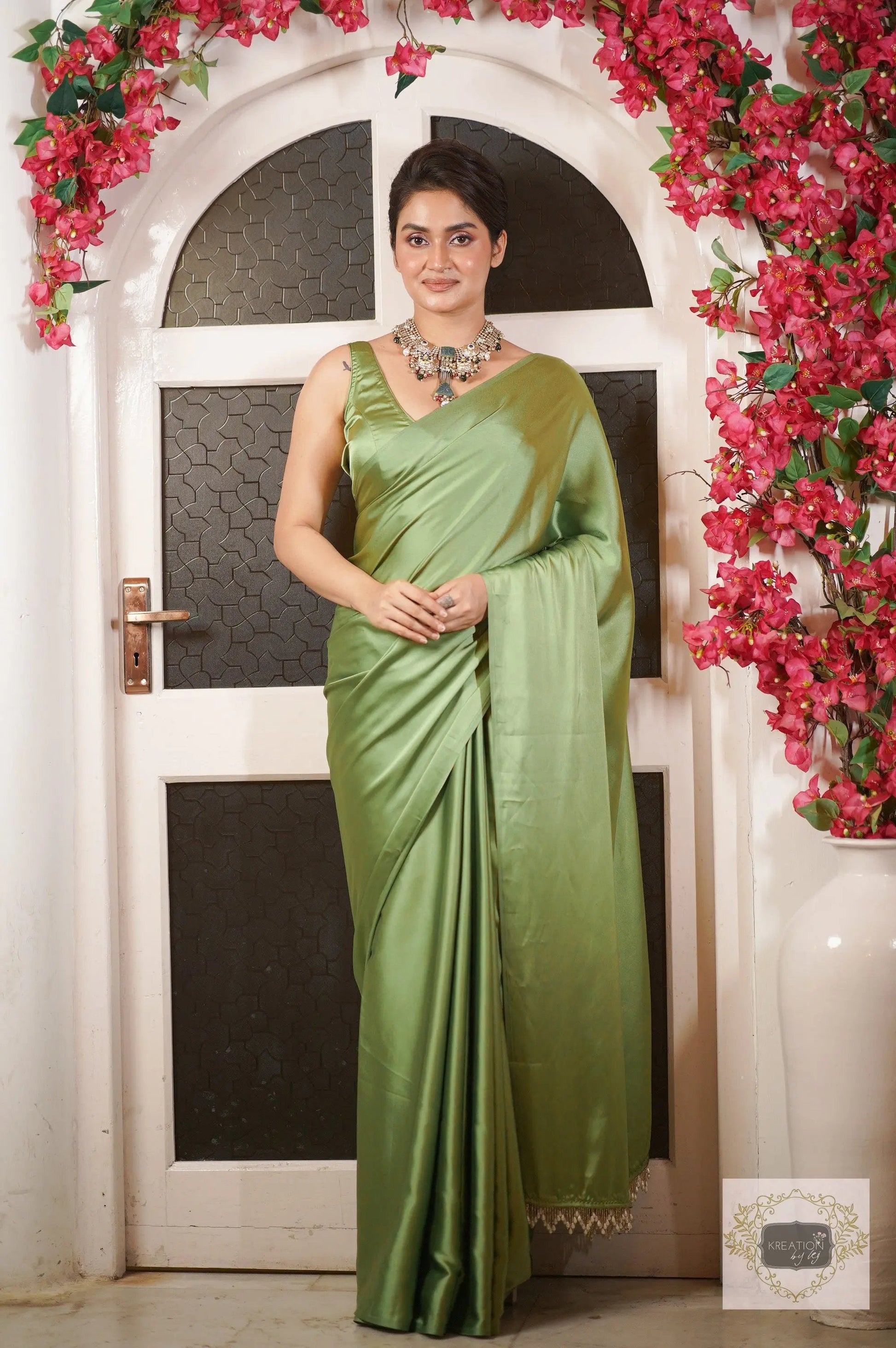 Moss Green Satin Silk Saree with Handmade Tassels on Pallu kreationbykj