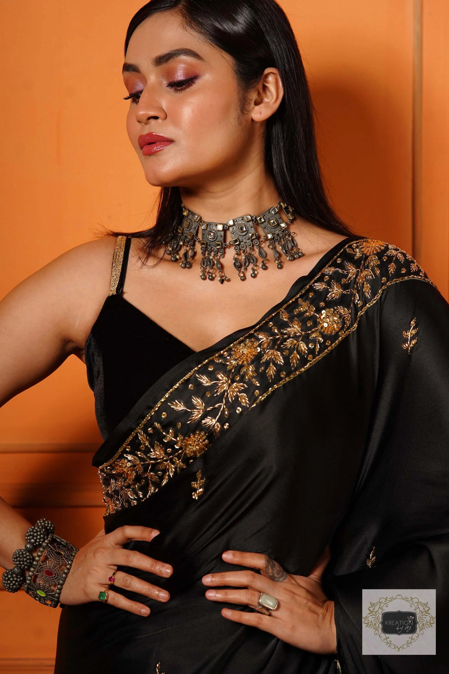 Black Satin Silk Anaya Saree kreationbykj