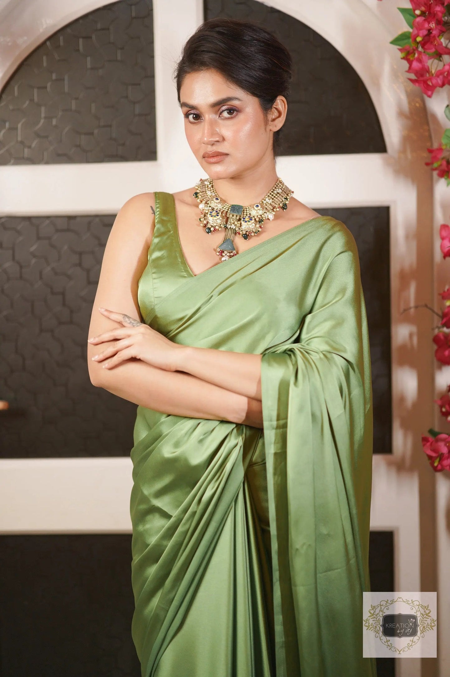 Moss Green Satin Silk Saree with Handmade Tassels on Pallu kreationbykj