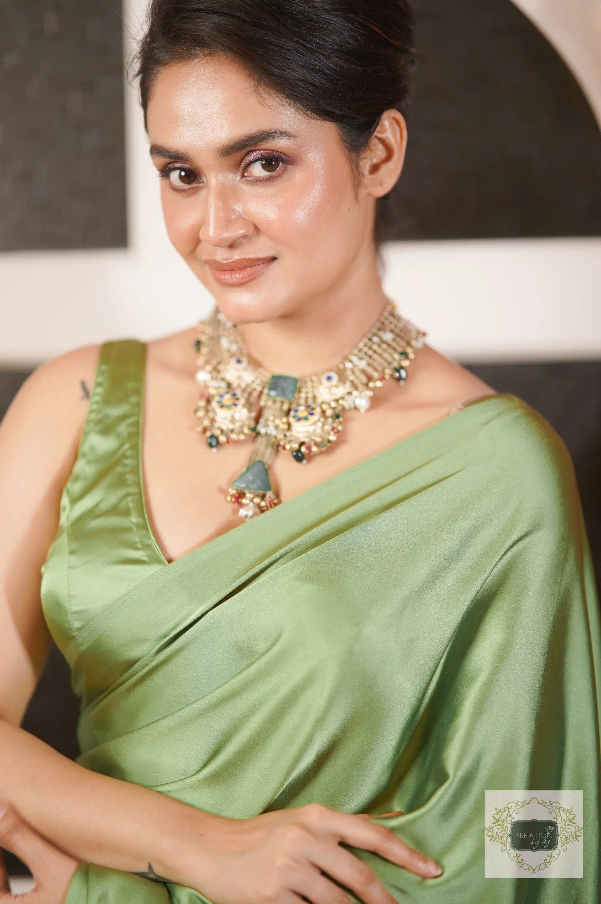 Moss Green Satin Silk Saree with Handmade Tassels on Pallu kreationbykj